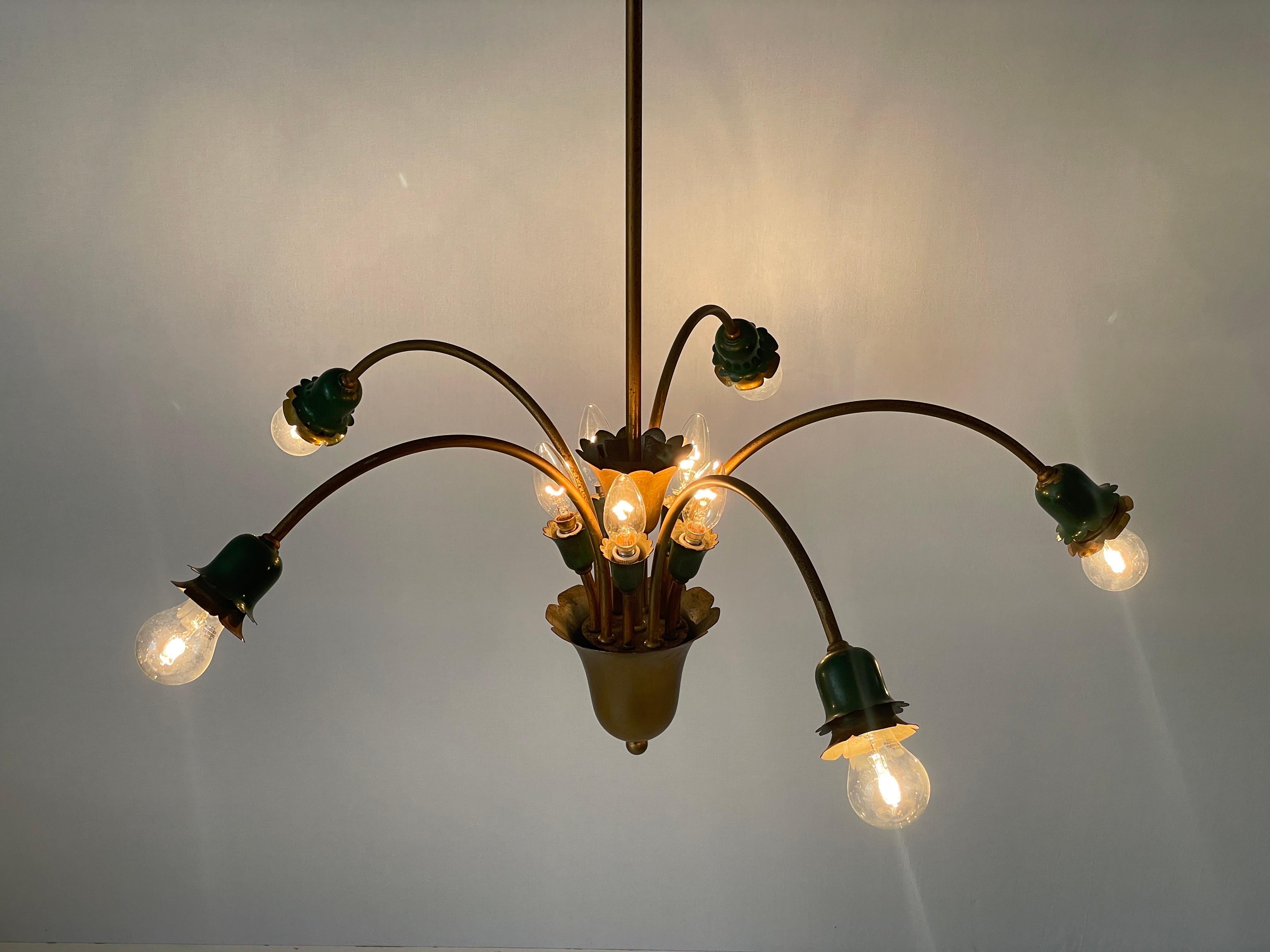 Lustre à 5 têtes en métal vert et laiton, milieu du siècle dernier, 1950, Italie en vente 12