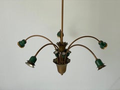 Mid-Century Modern 5-Head Green Metal and Brass Chandelier, 1950s, Italy