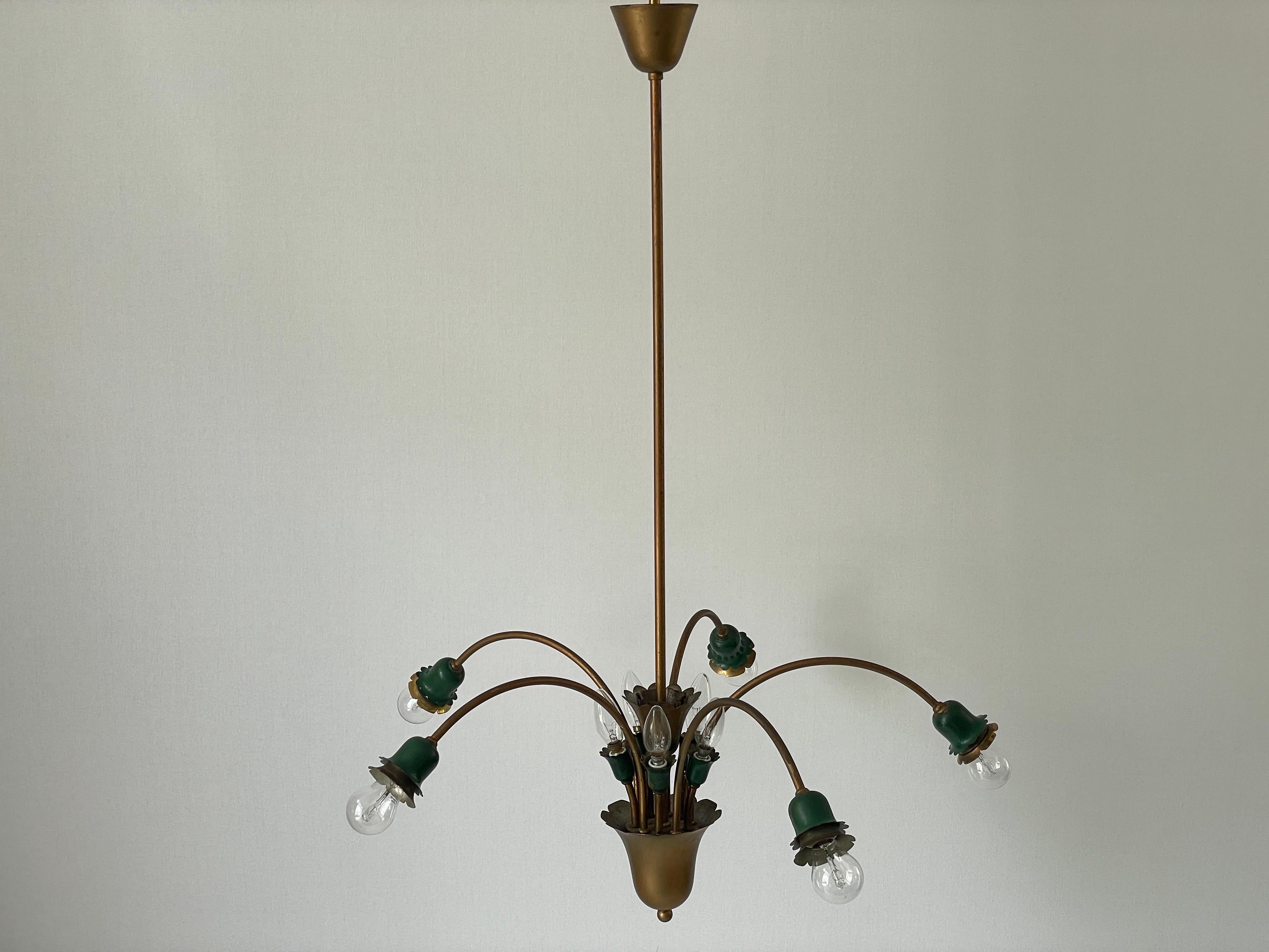 Lustre à 5 têtes en métal vert et laiton, milieu du siècle dernier, 1950, Italie en vente 13