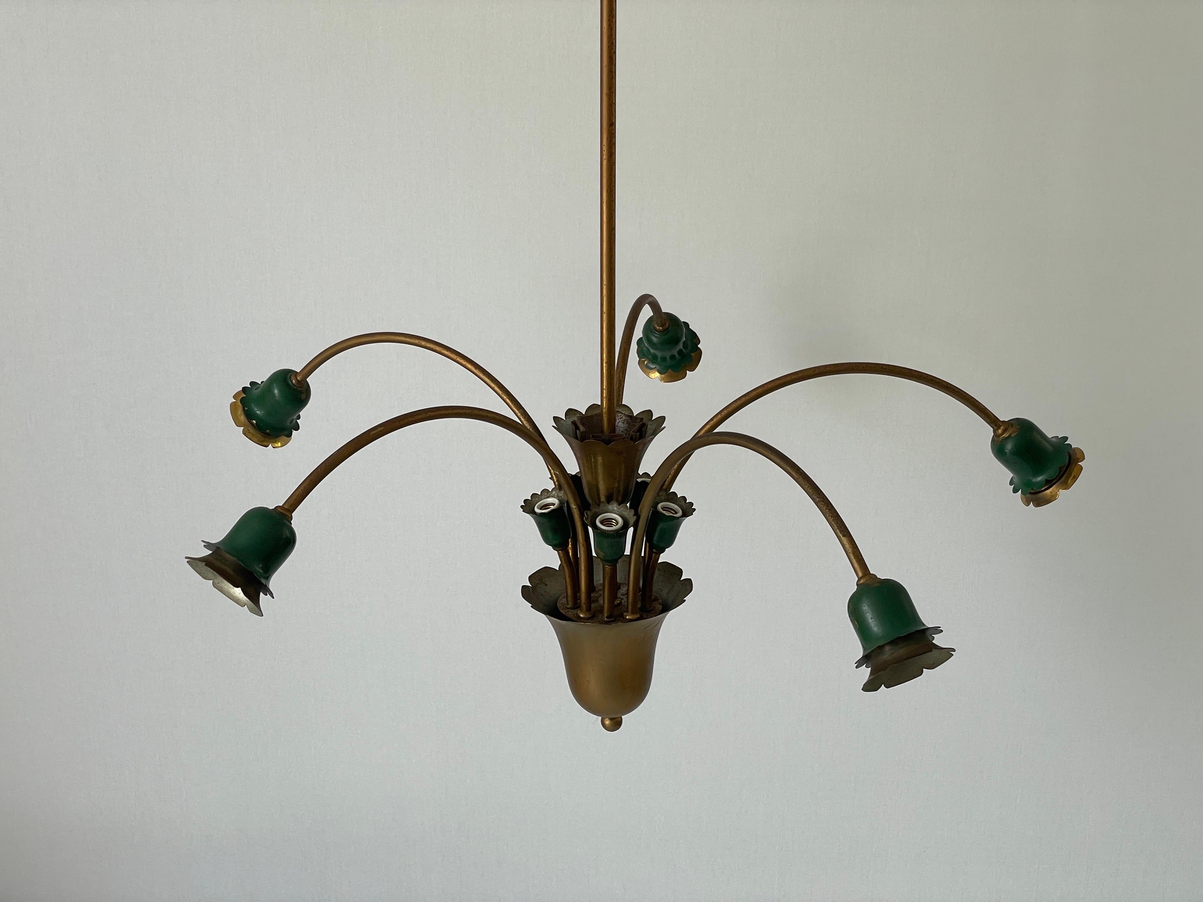 Mid-Century Modern Lustre à 5 têtes en métal vert et laiton, milieu du siècle dernier, 1950, Italie en vente