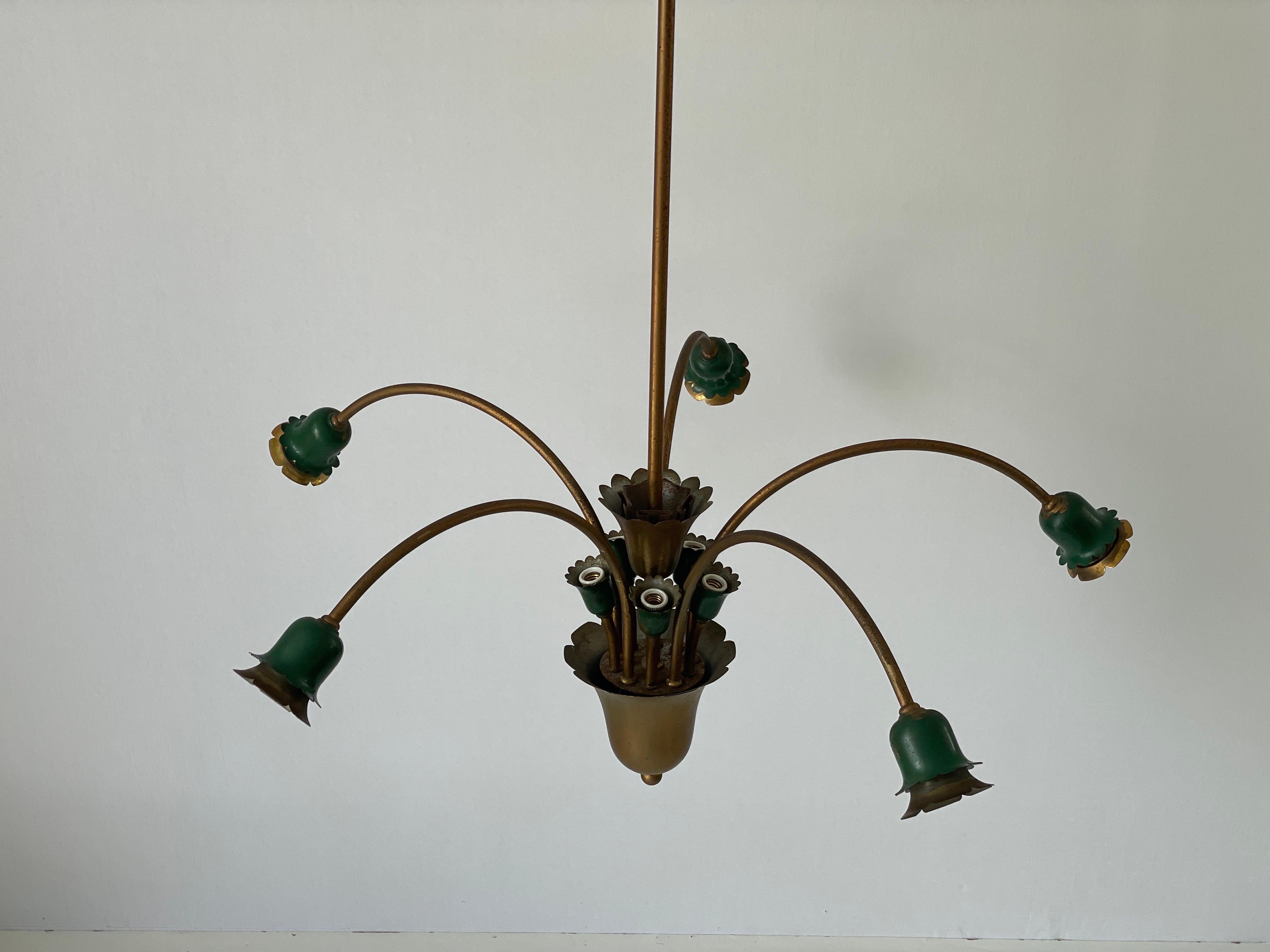 italien Lustre à 5 têtes en métal vert et laiton, milieu du siècle dernier, 1950, Italie en vente