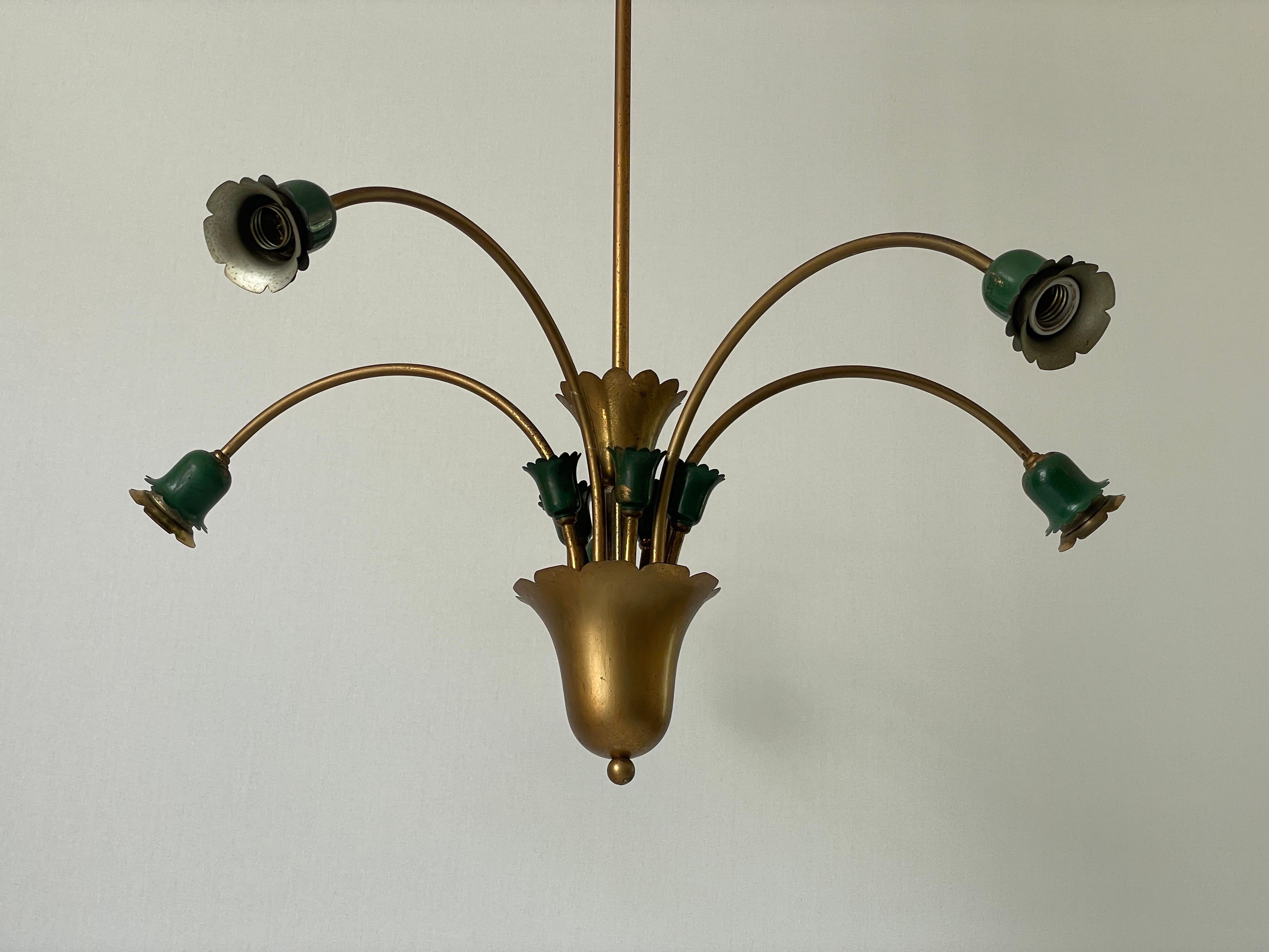 Lustre à 5 têtes en métal vert et laiton, milieu du siècle dernier, 1950, Italie Bon état - En vente à Hagenbach, DE