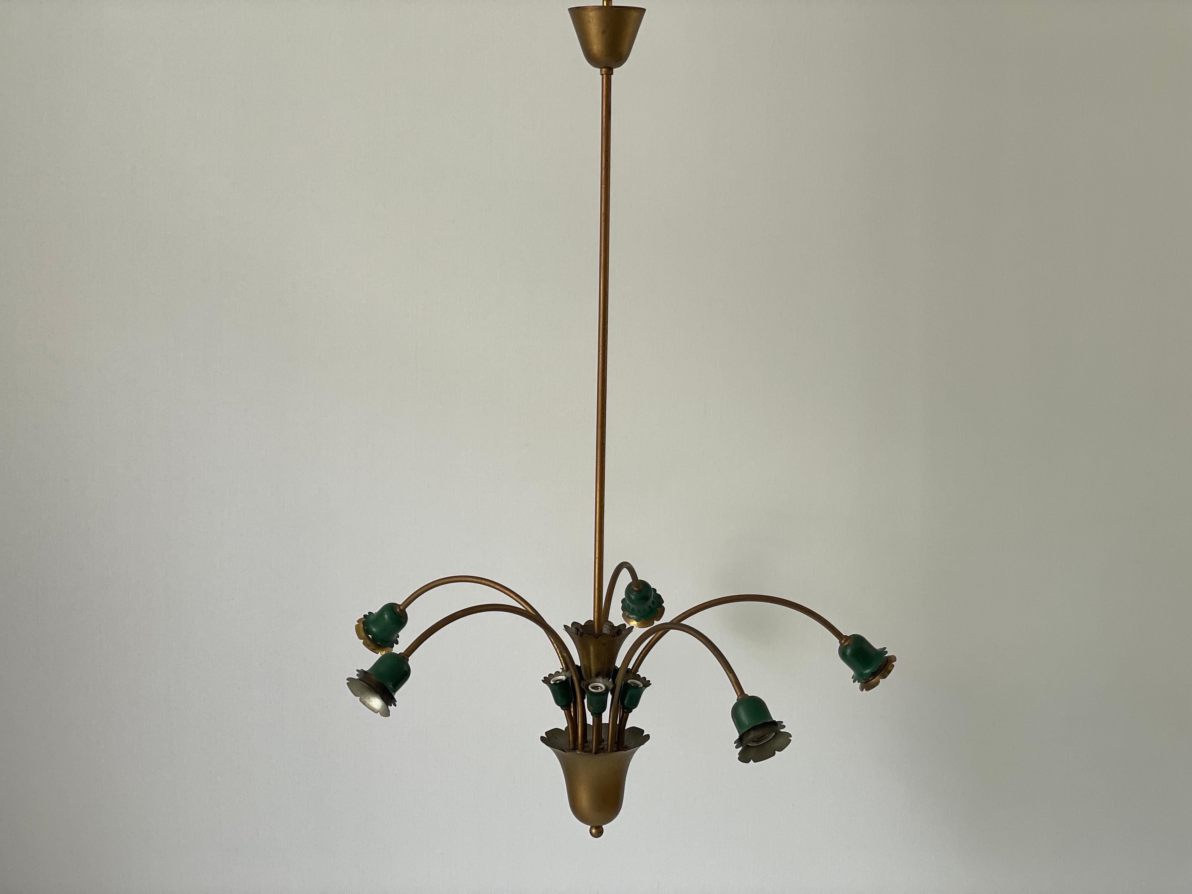 Milieu du XXe siècle Lustre à 5 têtes en métal vert et laiton, milieu du siècle dernier, 1950, Italie en vente