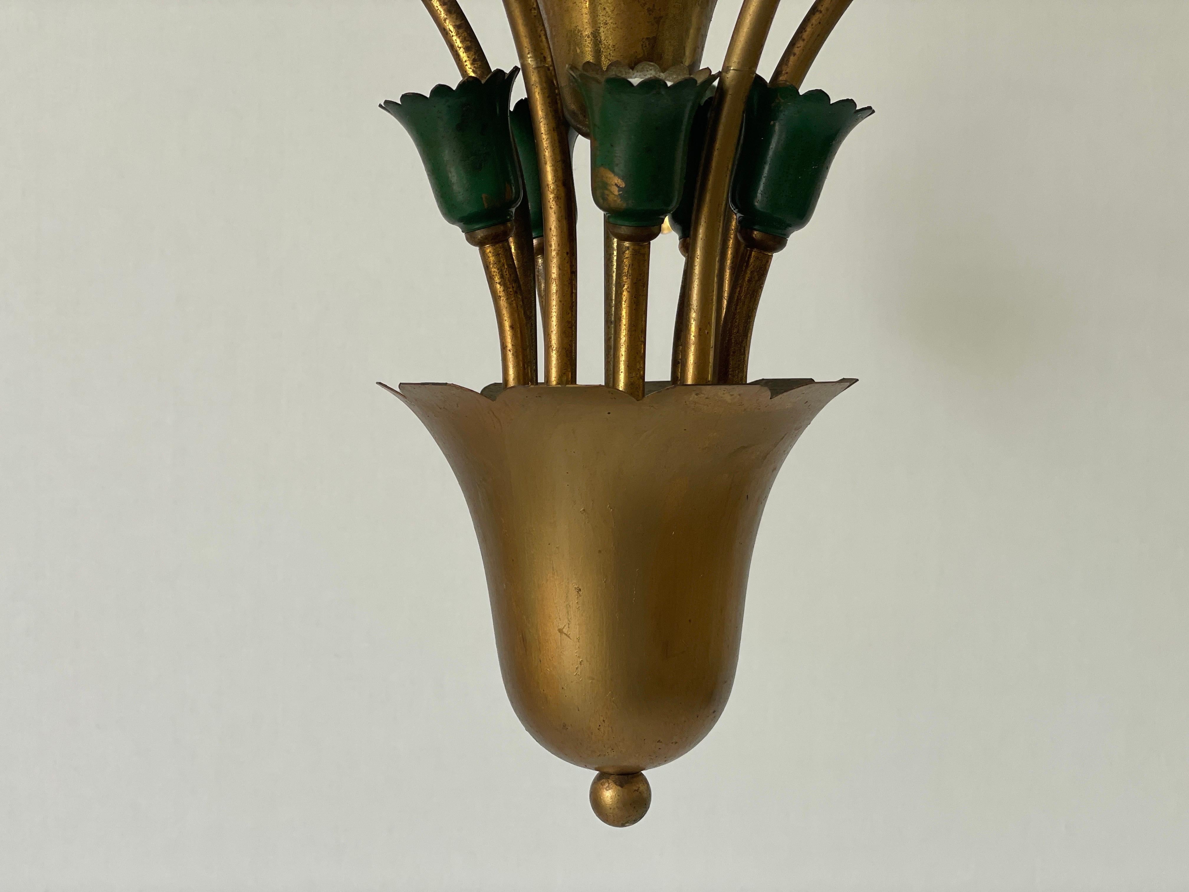 Métal Lustre à 5 têtes en métal vert et laiton, milieu du siècle dernier, 1950, Italie en vente
