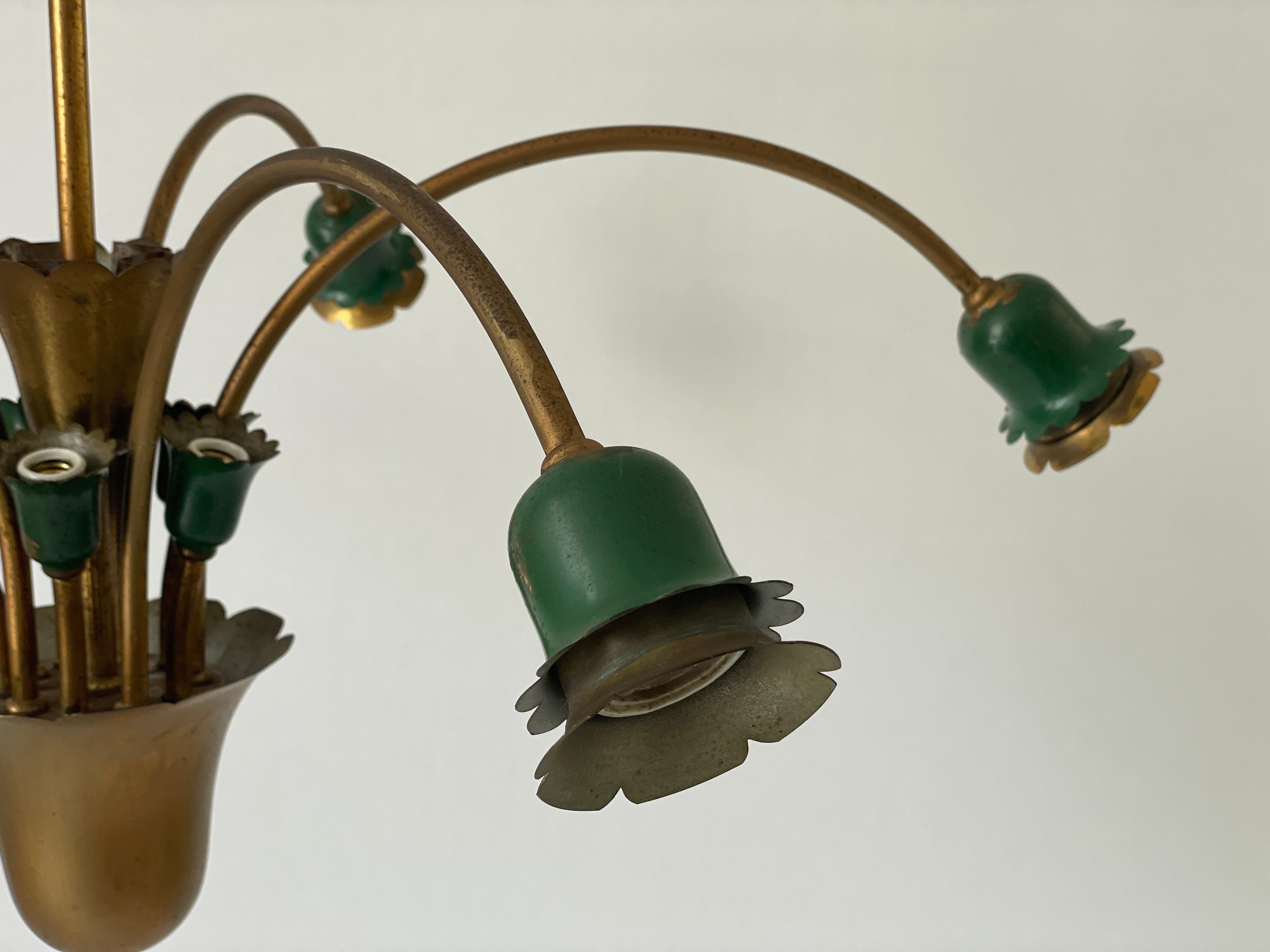 Lustre à 5 têtes en métal vert et laiton, milieu du siècle dernier, 1950, Italie en vente 1