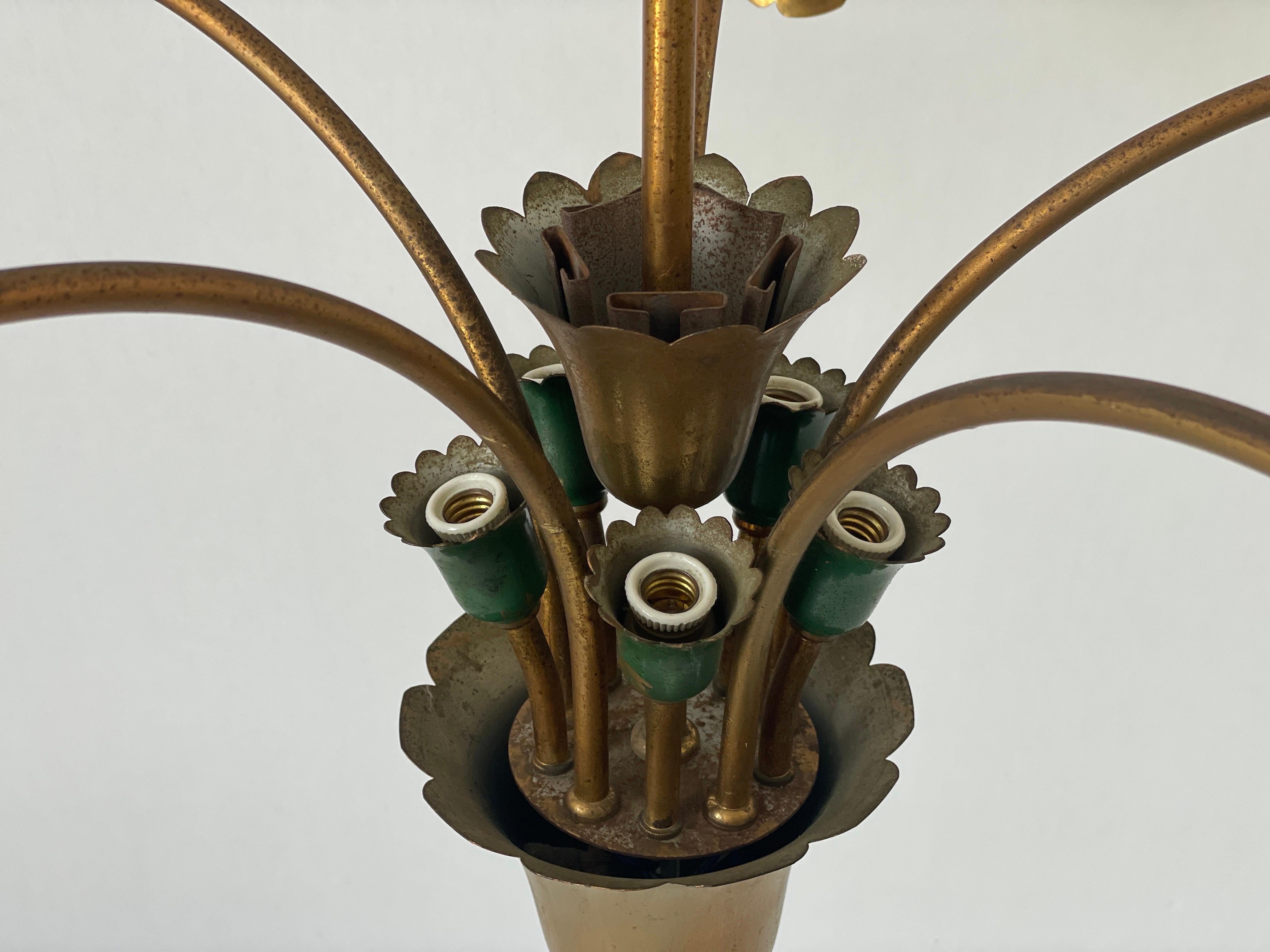 Lustre à 5 têtes en métal vert et laiton, milieu du siècle dernier, 1950, Italie en vente 2