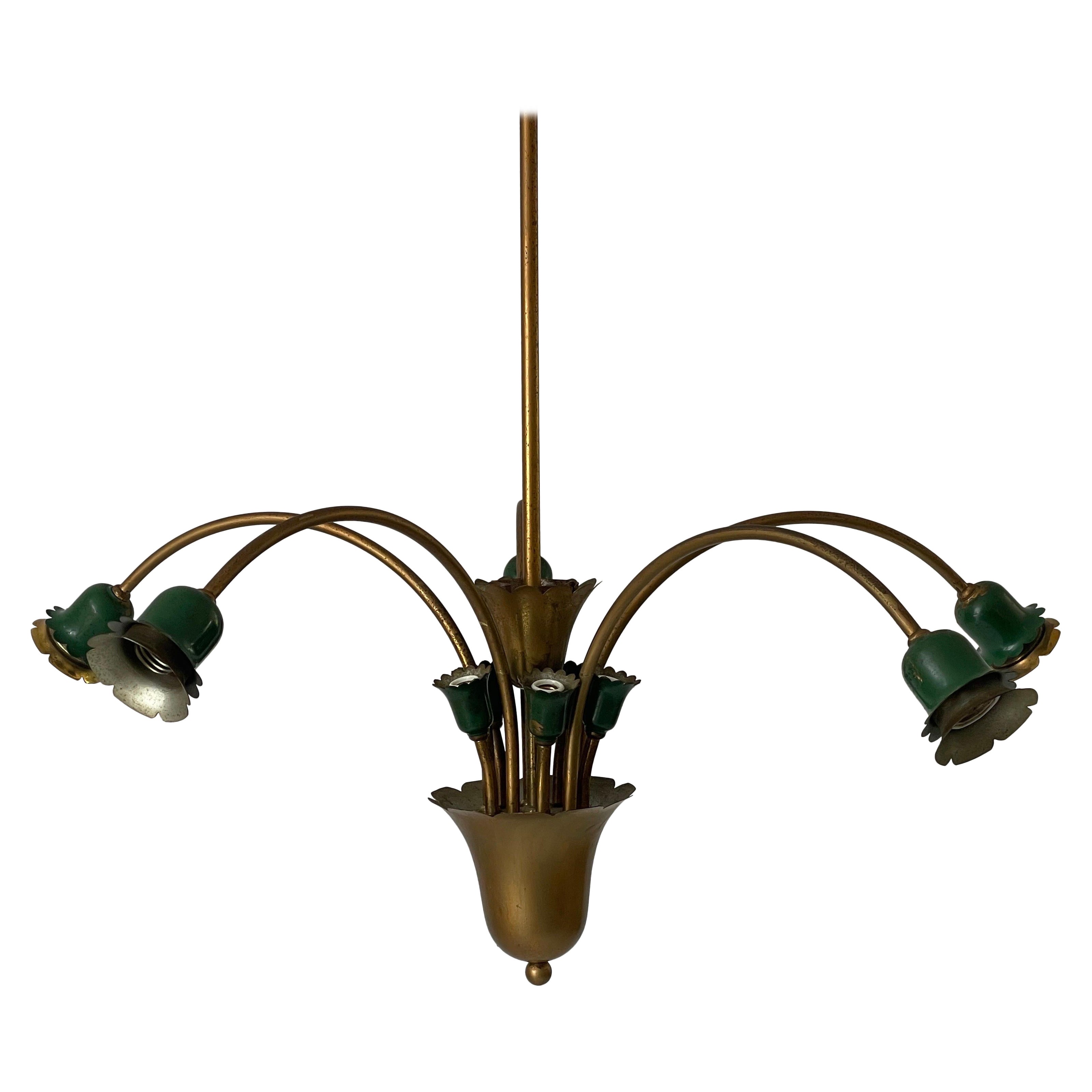 Mid-Century Modern 5-Head Green Metal and Brass Chandelier, 1950s, Italy