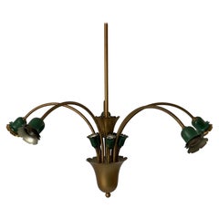 Mid-Century Modern 5-Head Green Metal and Brass Chandelier, 1950s, Italy