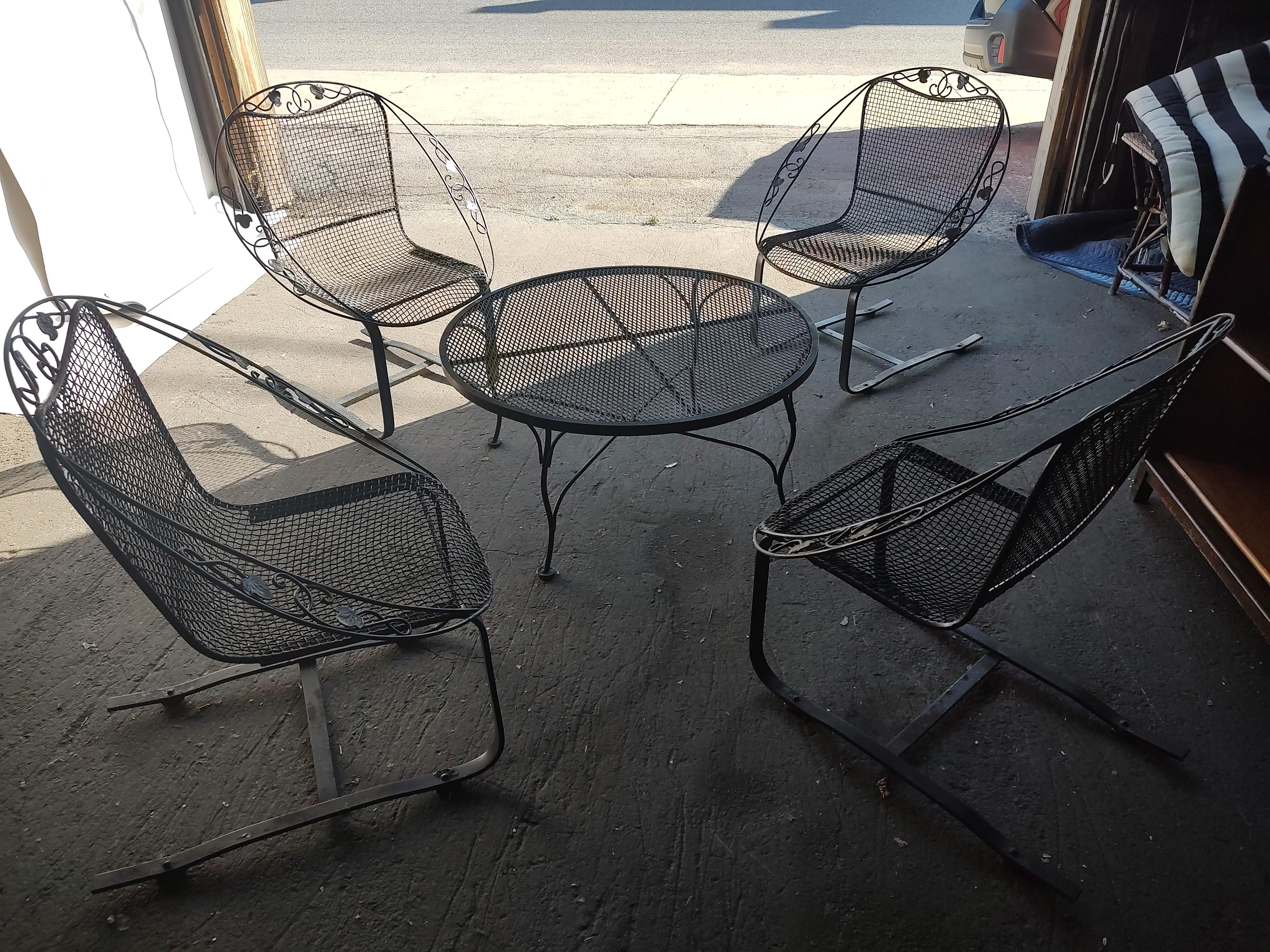 Steel Mid-Century Modern 5 Pc Sculptural Iron Table & 4 Mesh Chairs by John Salterini