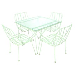 Retro Mid-Century Modern 5 Pieces Glass Top Outdoor Dining Set Art, Russel Woodard