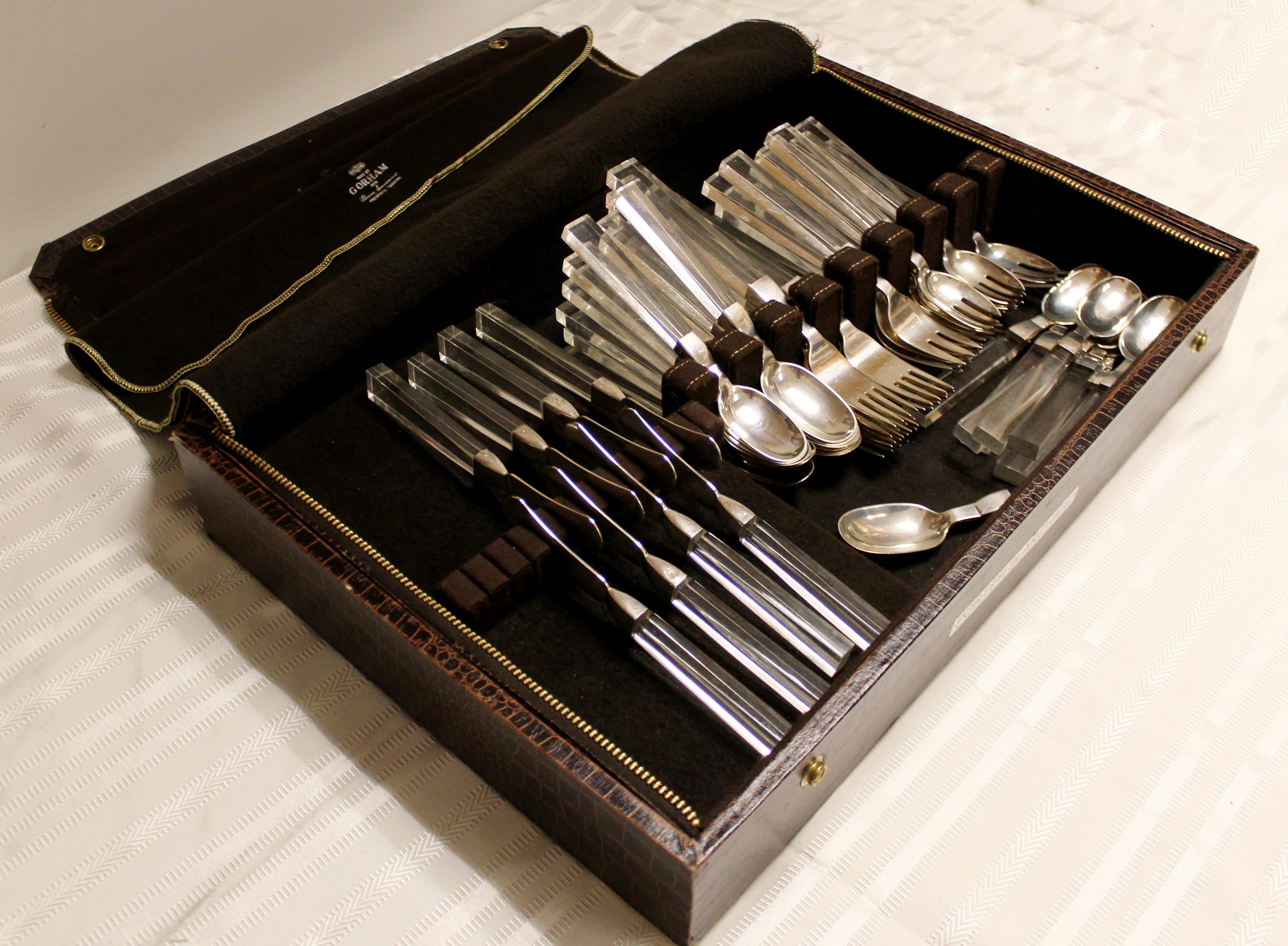 Sterling Silver Mid-Century Modern 52 Piece Porter Blanchard Lucite and Silver Flatware, 1970s