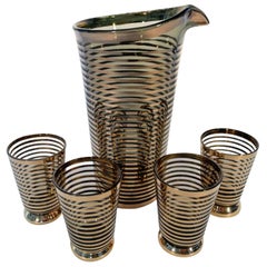 Vintage Mid-Century Modern 5pc Tinted Glass Cocktail Set with Thin Gold Band Decoration