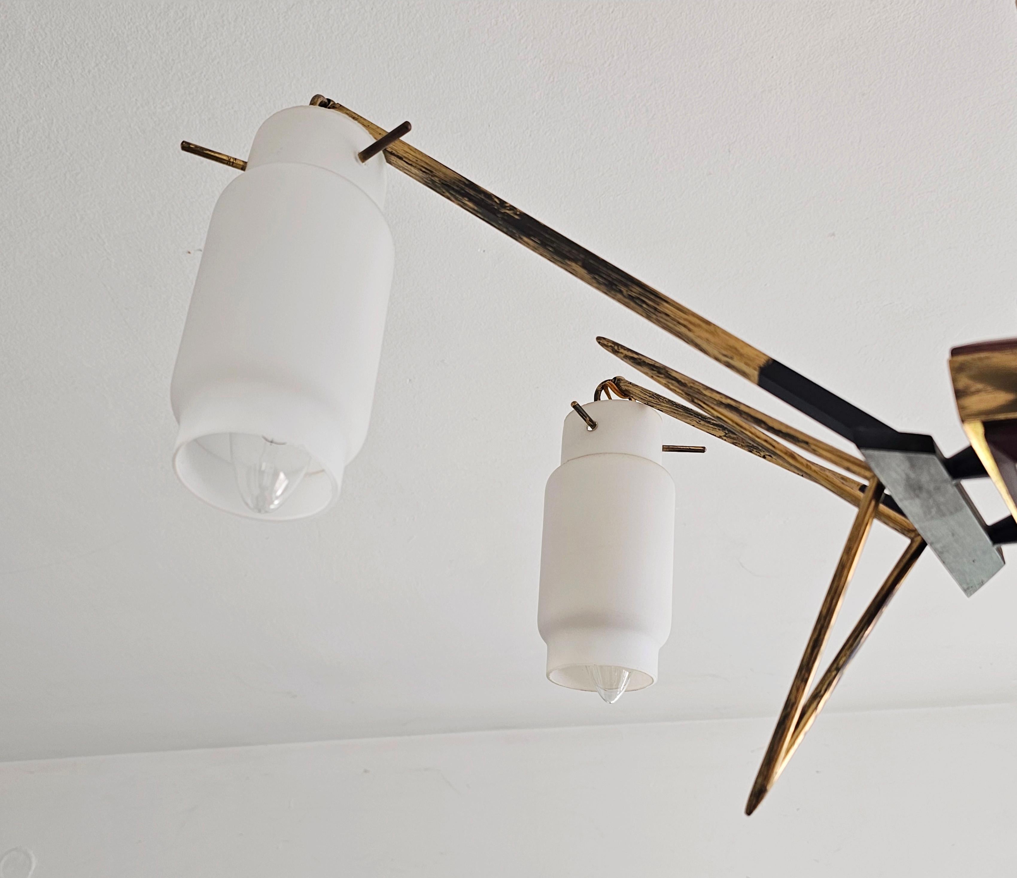 Mid Century Modern 6-Arm Brass Chandelier attr. to Stilnovo, Italy 1950s For Sale 4