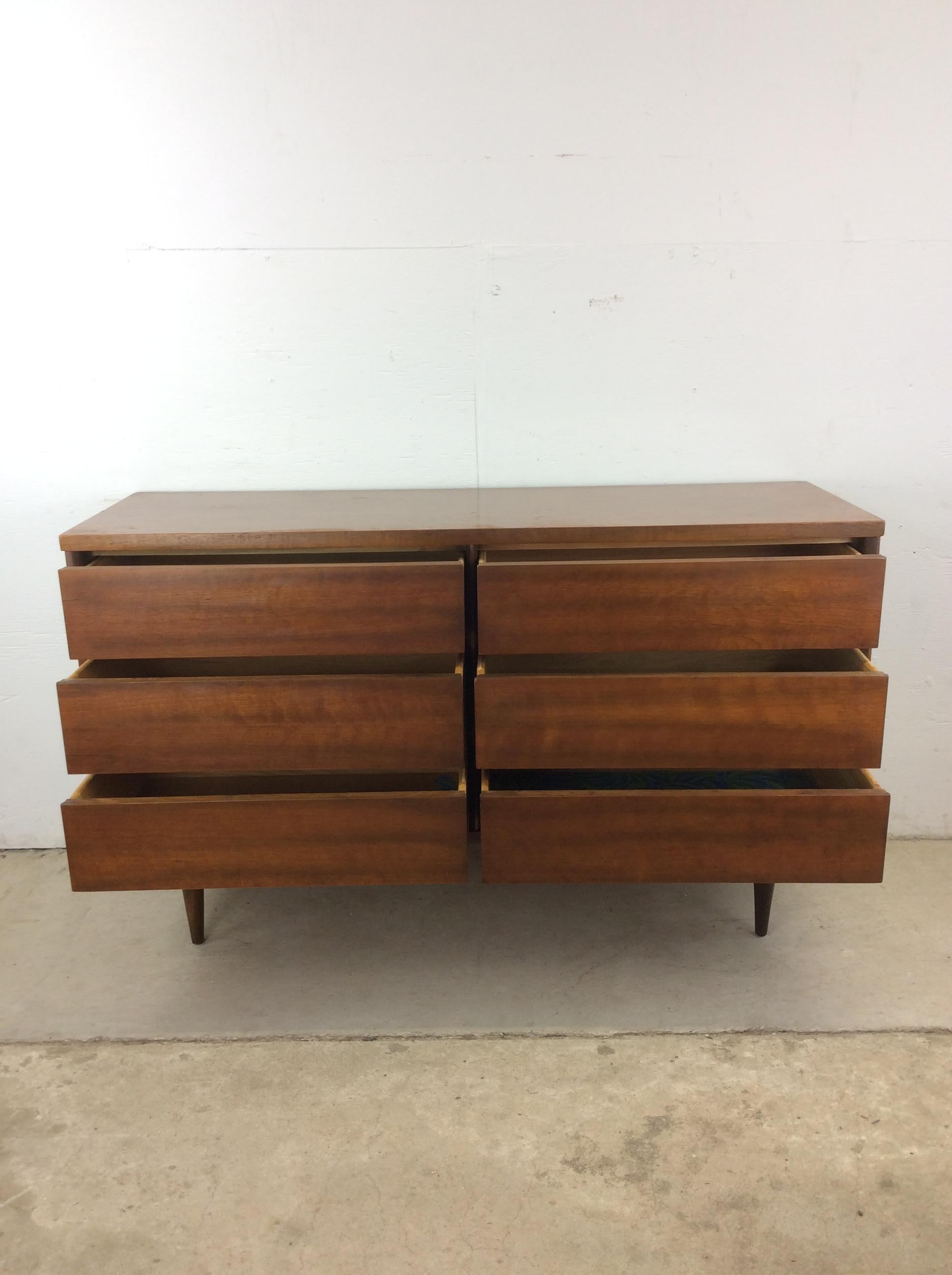 Veneer Mid Century Modern 6 Drawer Lowboy Dresser with Tapered Legs For Sale