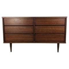 Vintage Mid Century Modern 6 Drawer Lowboy Dresser with Tapered Legs