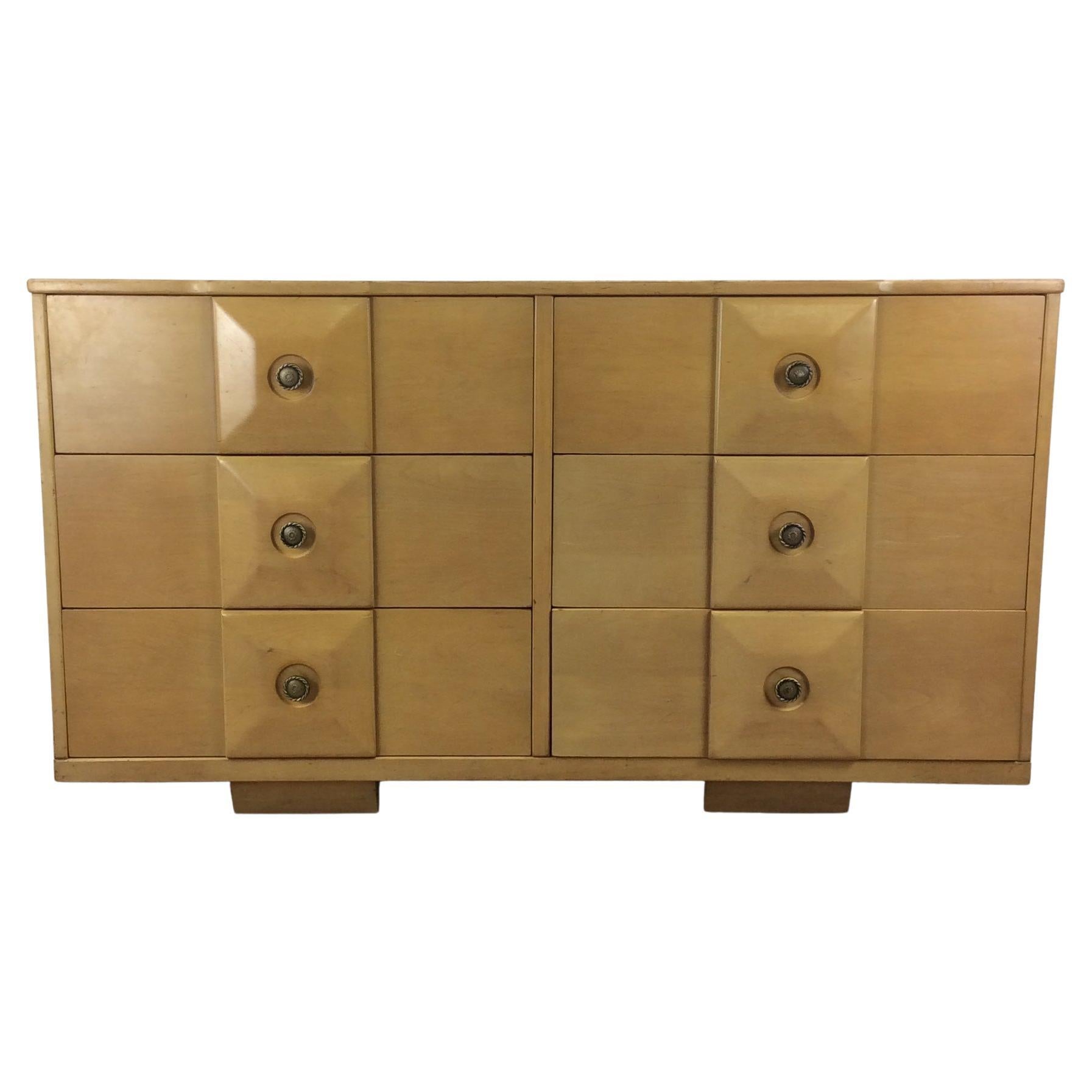Mid Century Modern 6 Drawer Lowboy with Beveled Drawer Faces & Brass Hardware