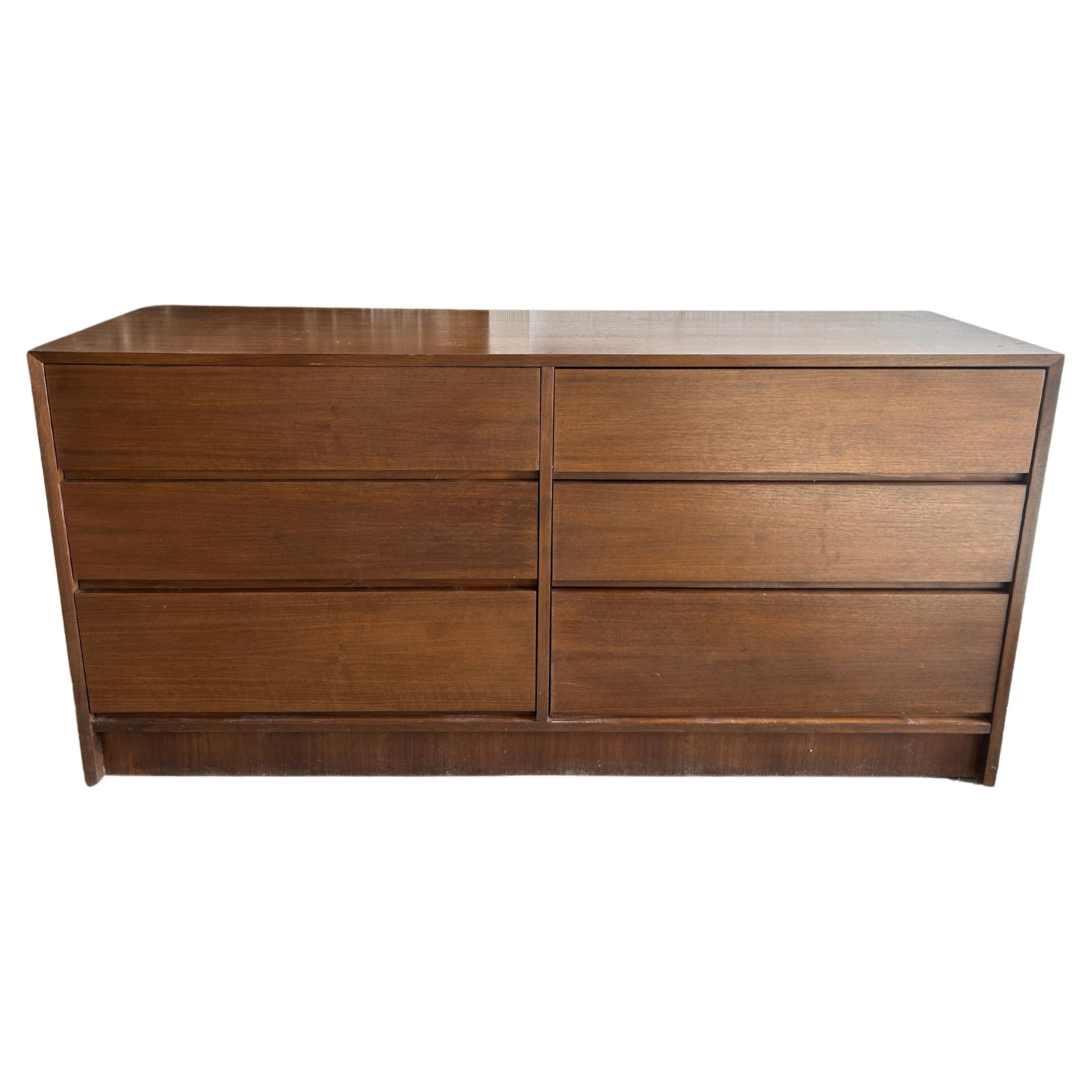 Mid century modern 6 drawer simple walnut dresser  For Sale