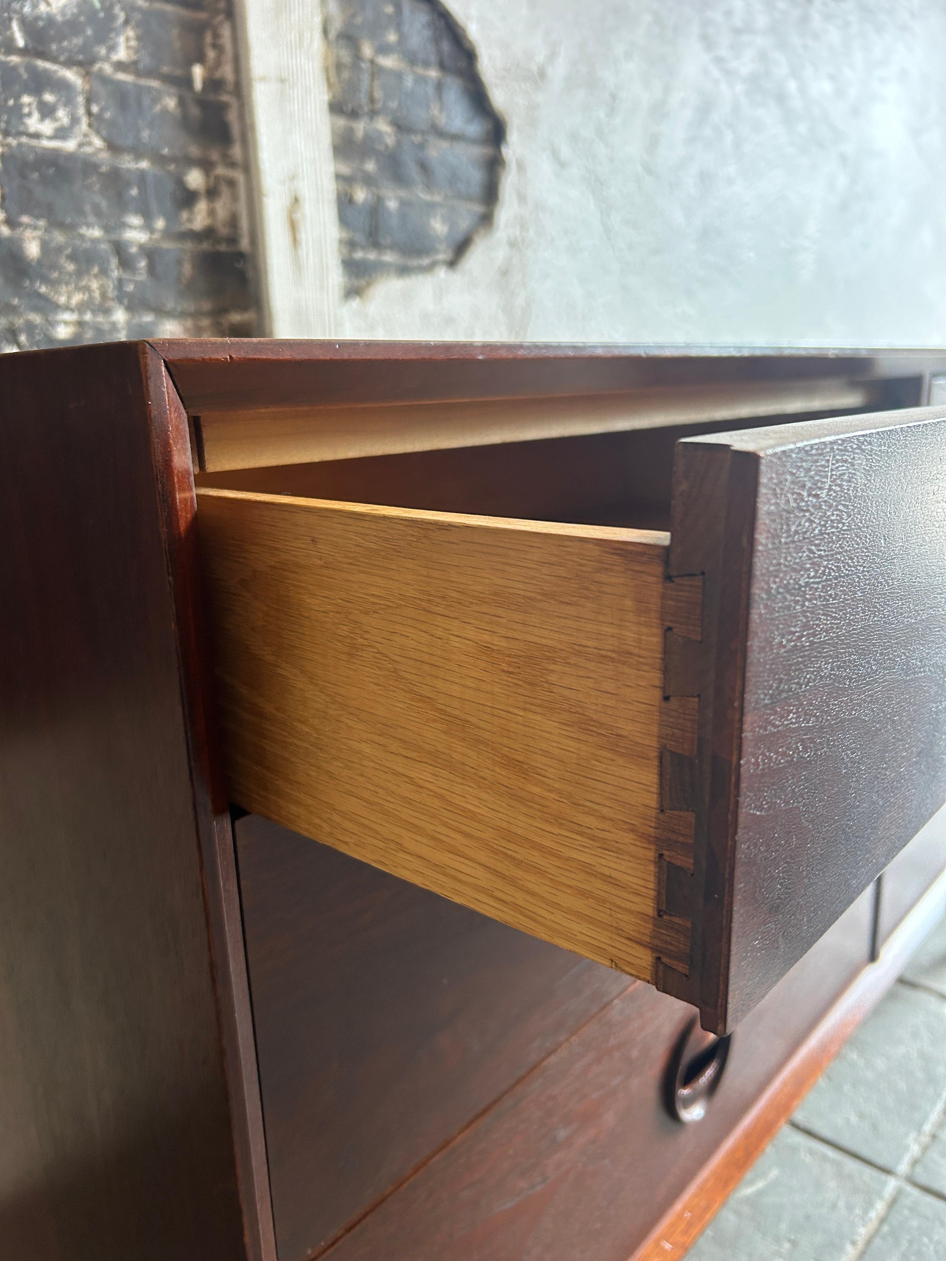 Mid-20th Century mid century modern 6 drawer walnut dresser with carved handles  For Sale