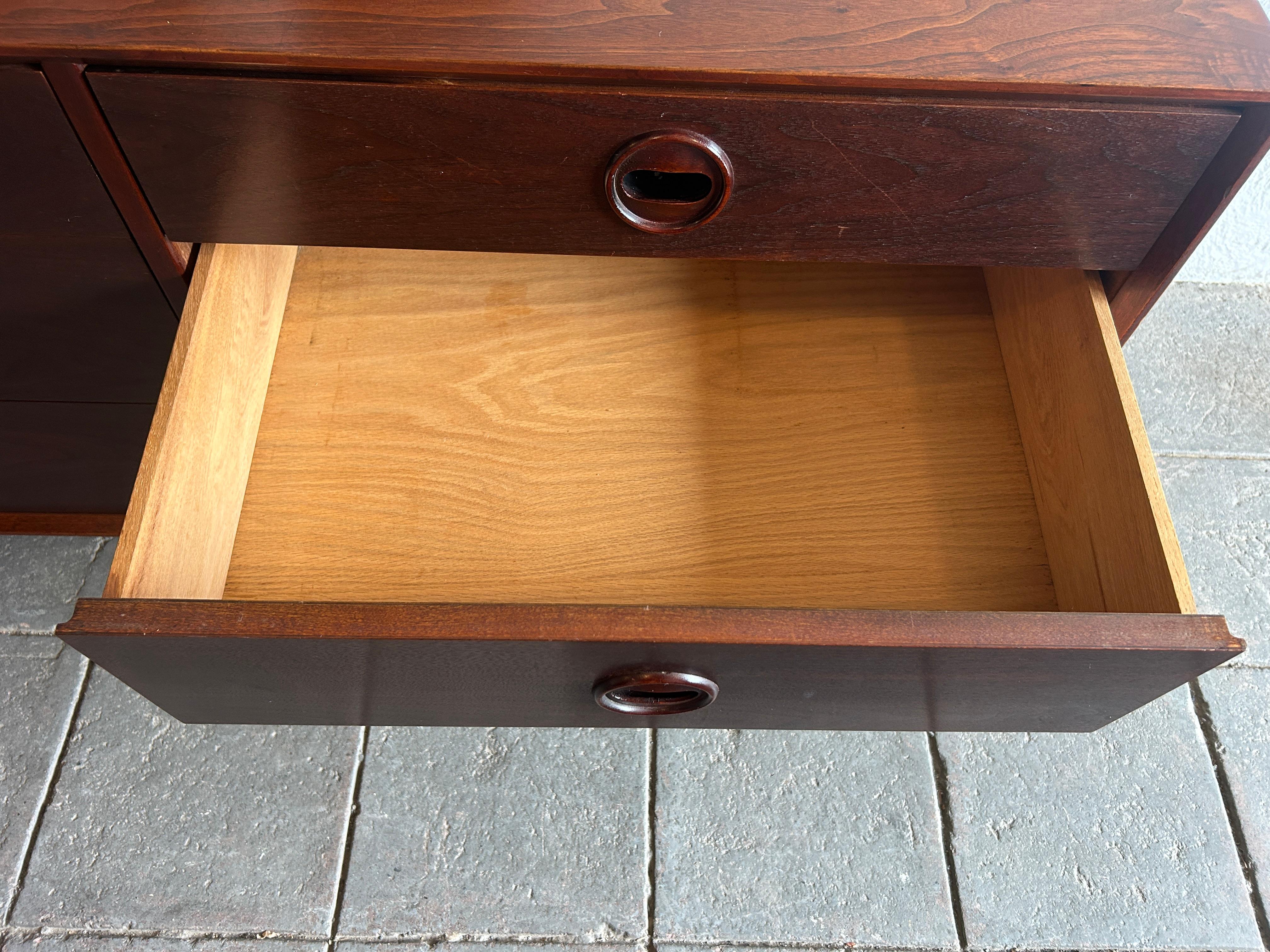 Walnut mid century modern 6 drawer walnut dresser with carved handles  For Sale