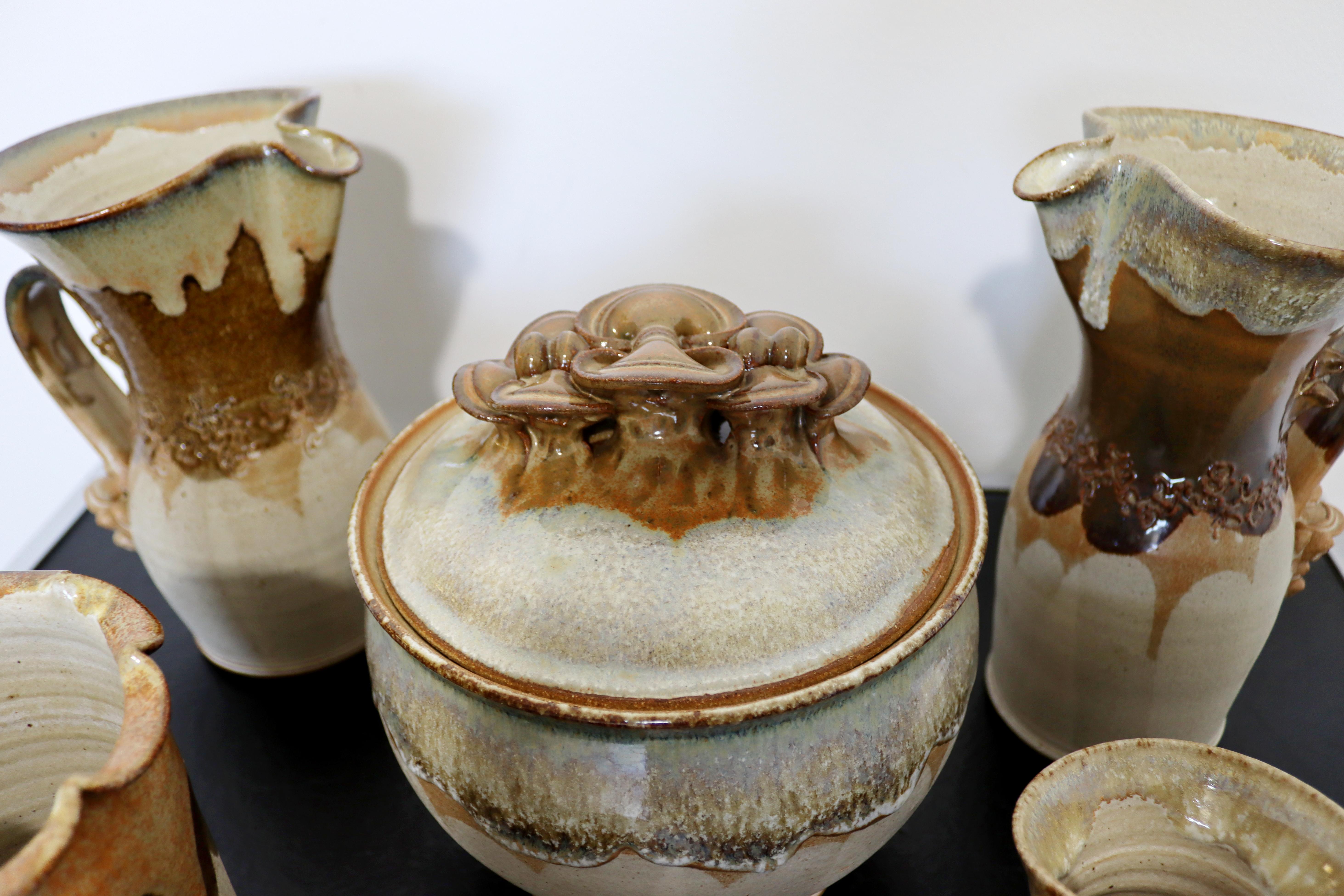 Mid-Century Modern 6 Pc Ceramic Art Set Pitchers Vase Lidded Tureen Signed 2000s 1