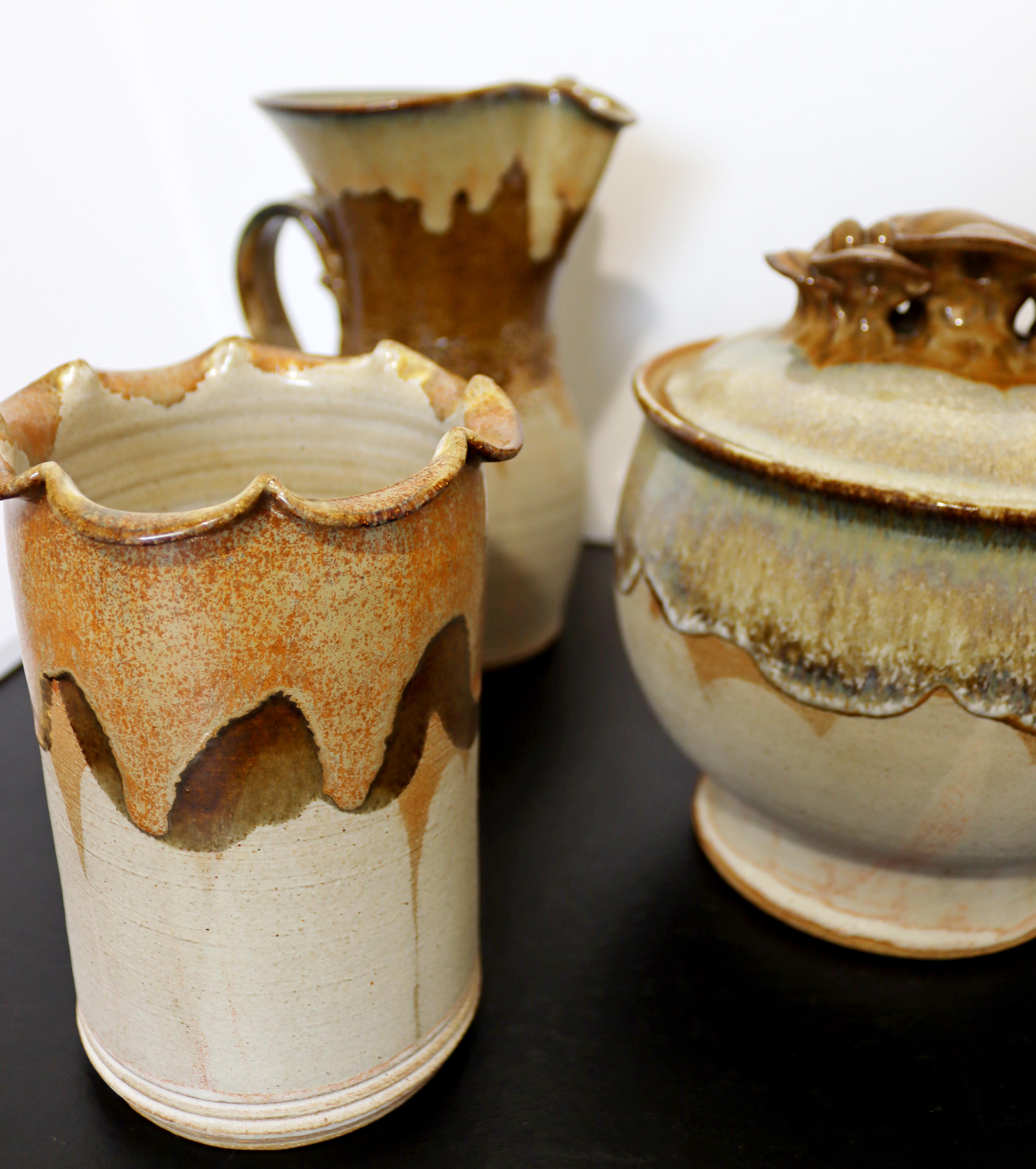 Mid-Century Modern 6 Pc Ceramic Art Set Pitchers Vase Lidded Tureen Signed 2000s 3