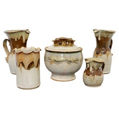 Mid-Century Modern 6 Pc Ceramic Art Set Pitchers Vase Lidded Tureen Signed 2000s