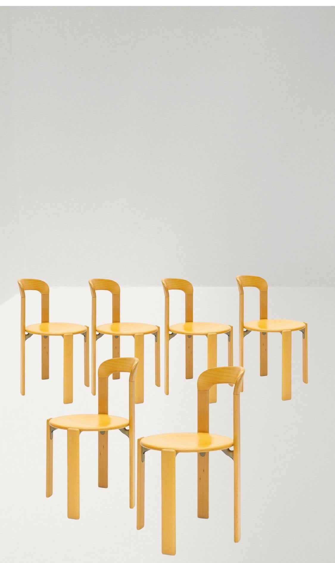 Contemporary Mid-Century Modern, 6 Rey Chairs by Bruno Rey, Color Vintage Beech, Design 1971