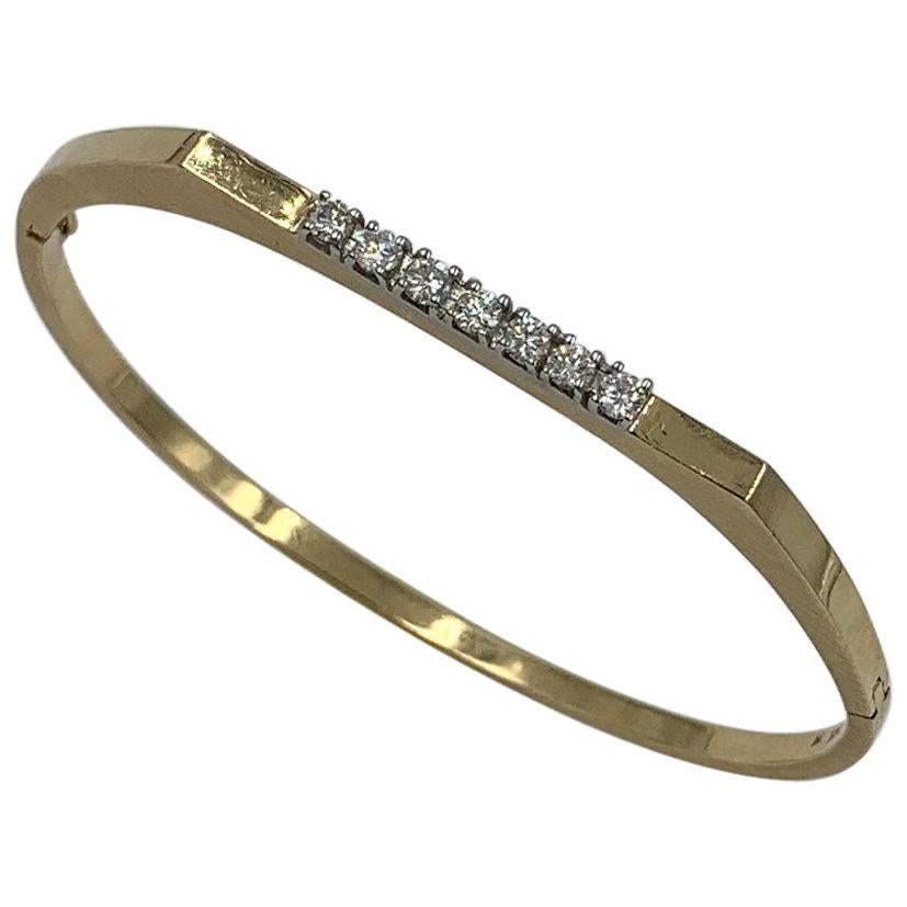 Mid-Century Modern 7 Diamond Bangle Bracelet 14 Karat Yellow Gold