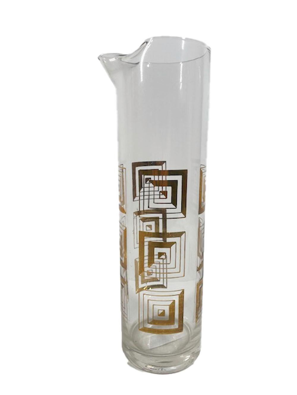 Seven piece Mid-Century Modern cocktail pitcher set decorated with concentric 22 karat gold squares divided diagonally with half narrow lines and half thick lines creating an optical effect.