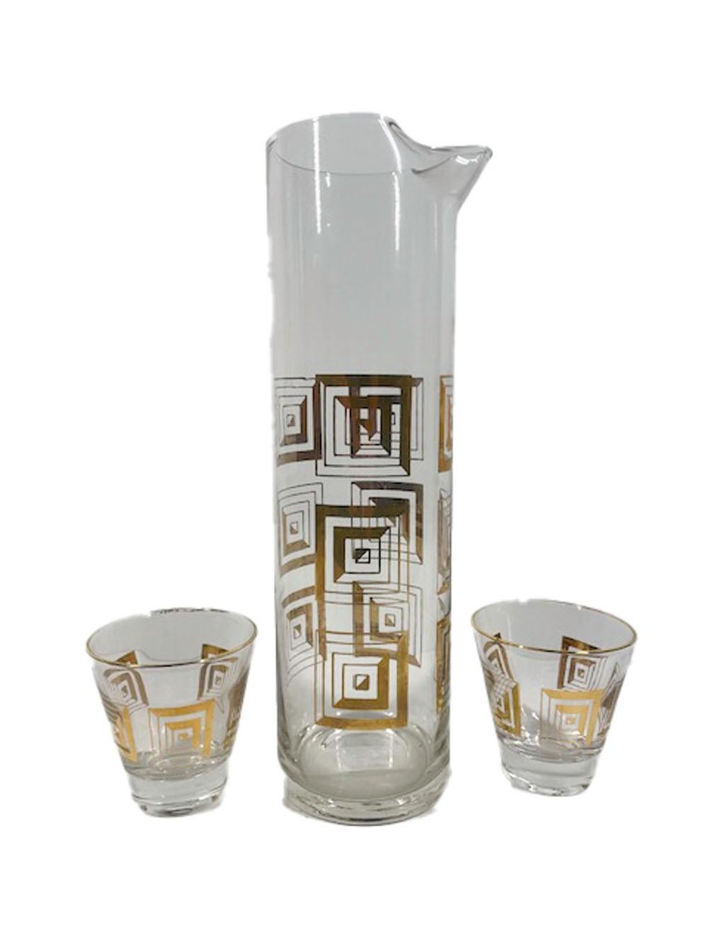 Mid-Century Modern 7pc Cocktail Pitcher Set with 22k Gold Geometric Decoration In Good Condition For Sale In Nantucket, MA