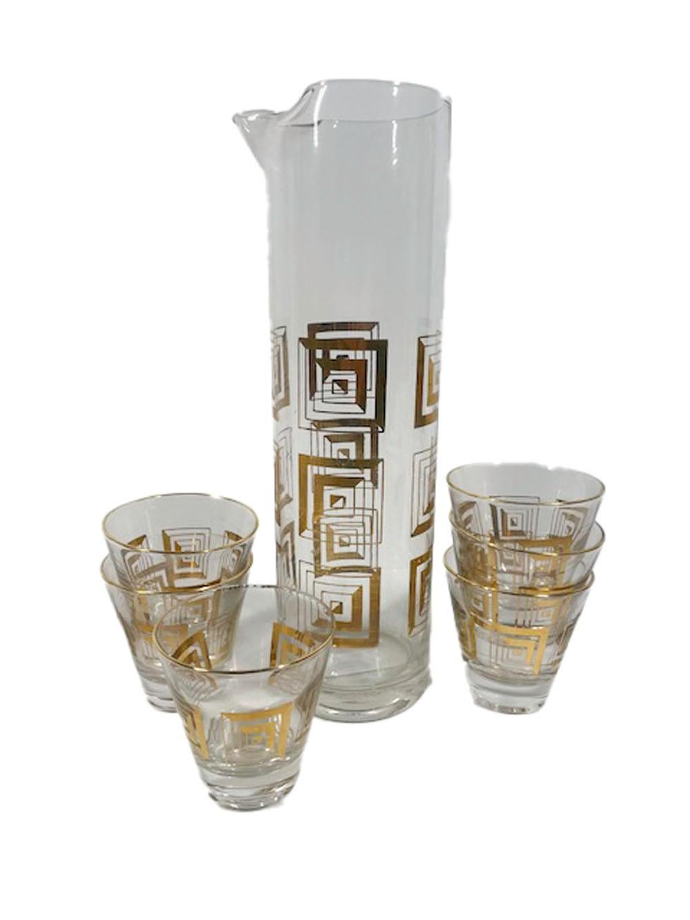 20th Century Mid-Century Modern 7pc Cocktail Pitcher Set with 22k Gold Geometric Decoration For Sale