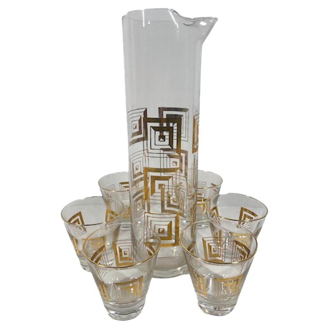 Mid-Century Modern 7pc Cocktail Pitcher Set with 22k Gold Geometric Decoration