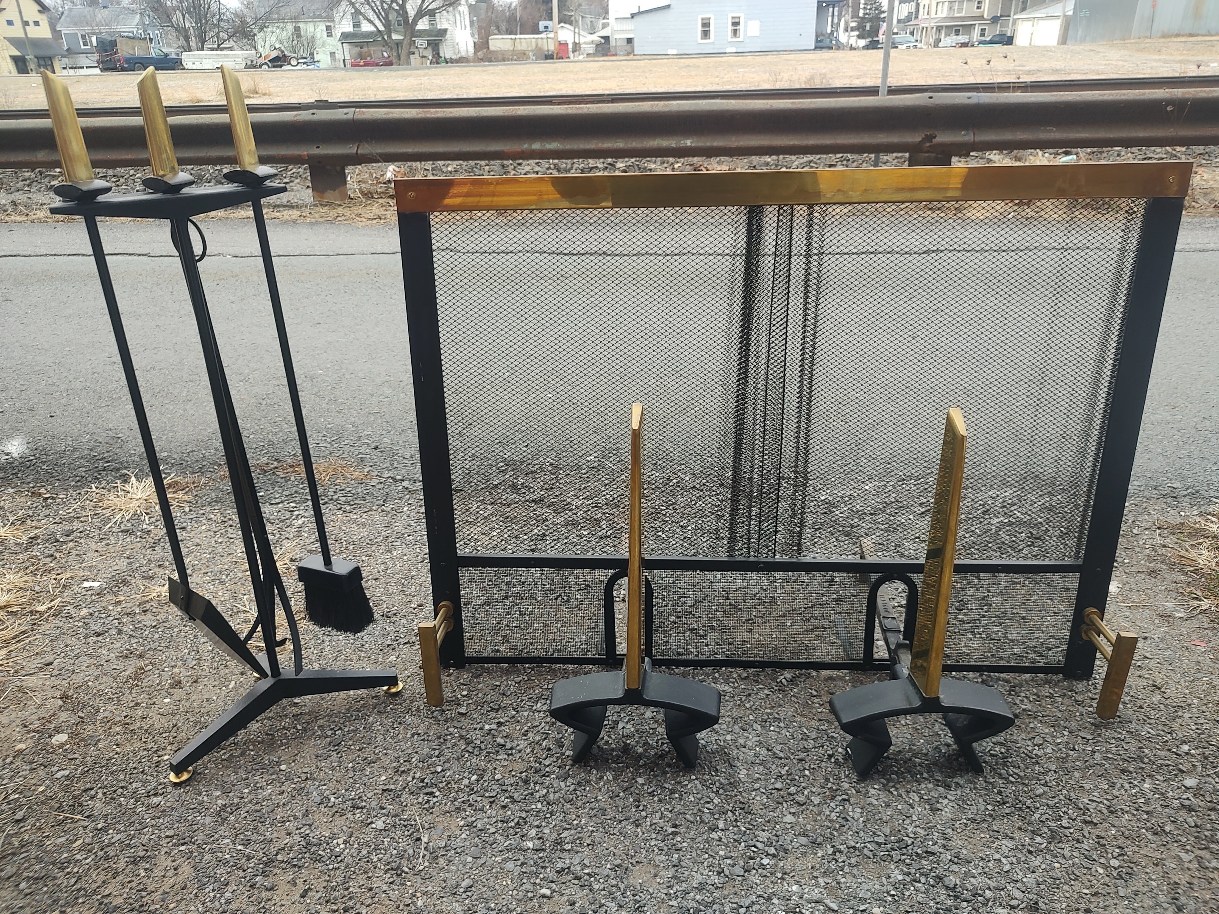 Brass Mid Century Modern 7Pc Set by Donald Deskey Fireplace Screen Tools & Andirons For Sale