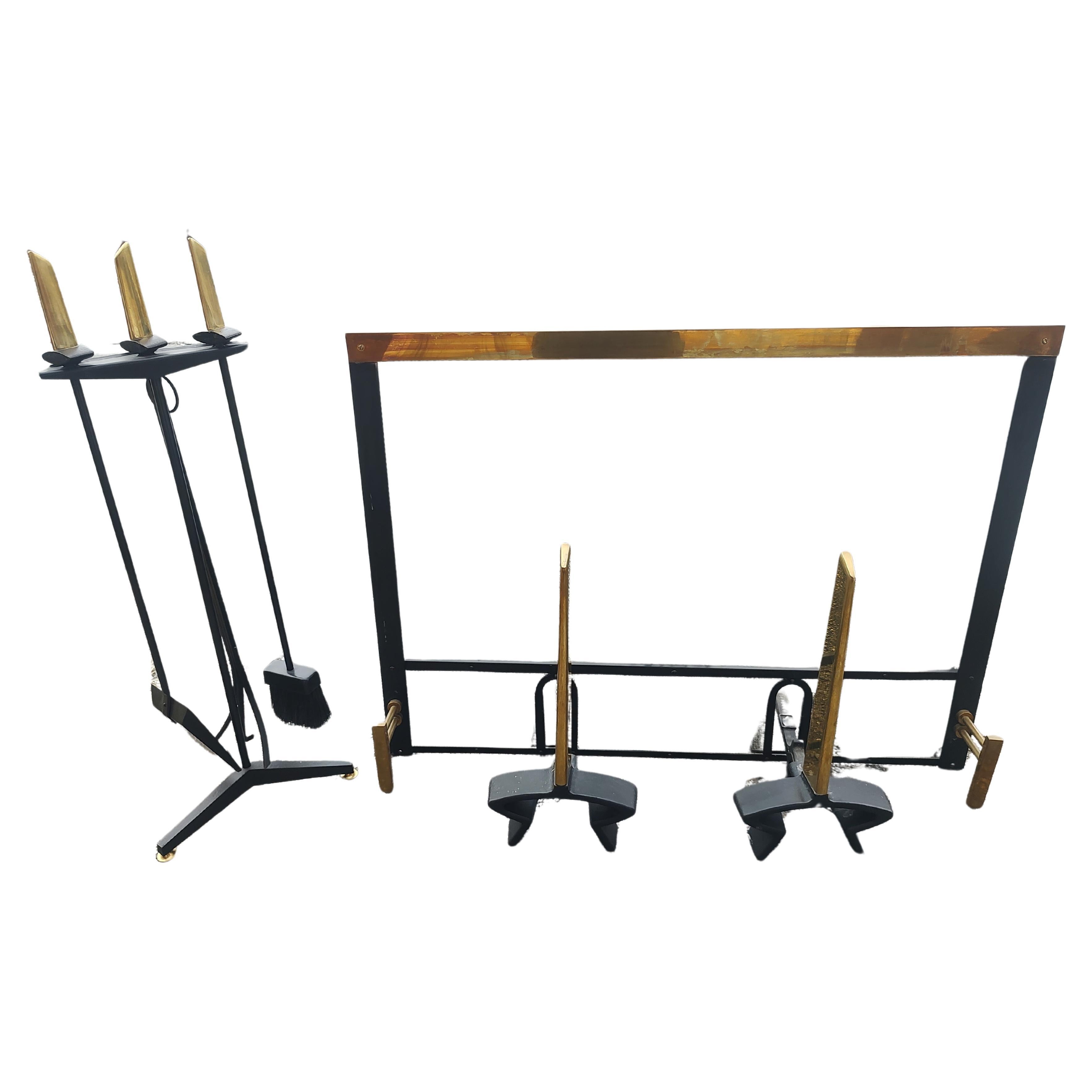 Forged Mid Century Modern 7Pc Set by Donald Deskey Fireplace Screen Tools & Andirons For Sale