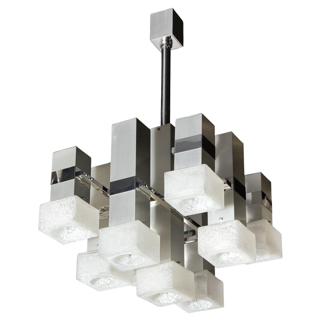 Mid Century Modern 8 Arm Chrome & Mottled Murano Glass Chandelier by Sciolari