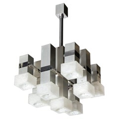 Mid Century Modern 8 Arm Chrome & Mottled Murano Glass Chandelier by Sciolari