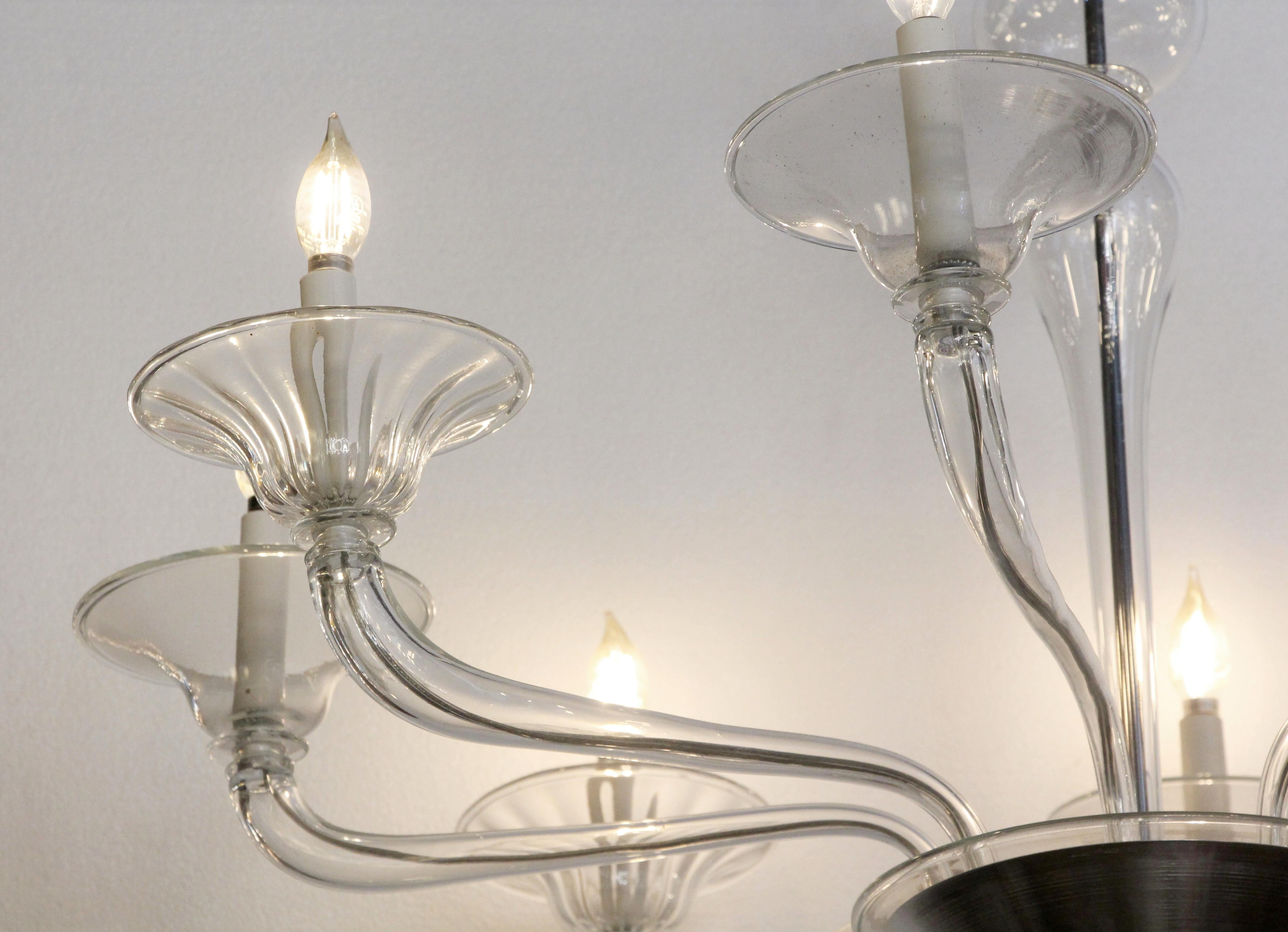 Mid-Century Modern 8-Arm Glass and Brushed Steel Chandelier In Good Condition In New York, NY