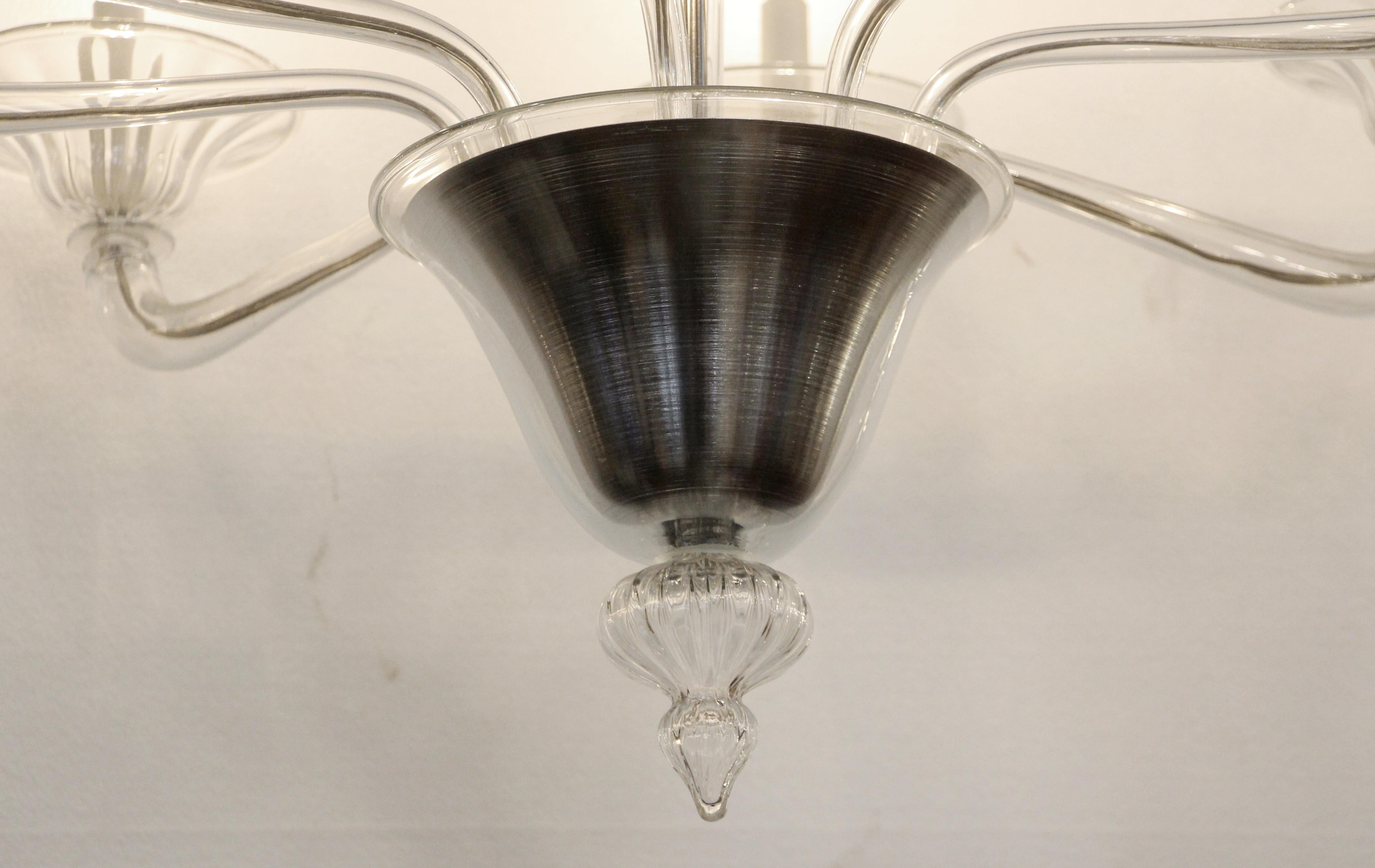 Contemporary Mid-Century Modern 8-Arm Glass and Brushed Steel Chandelier