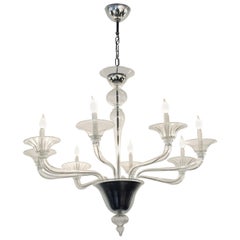 Mid-Century Modern 8-Arm Glass and Brushed Steel Chandelier