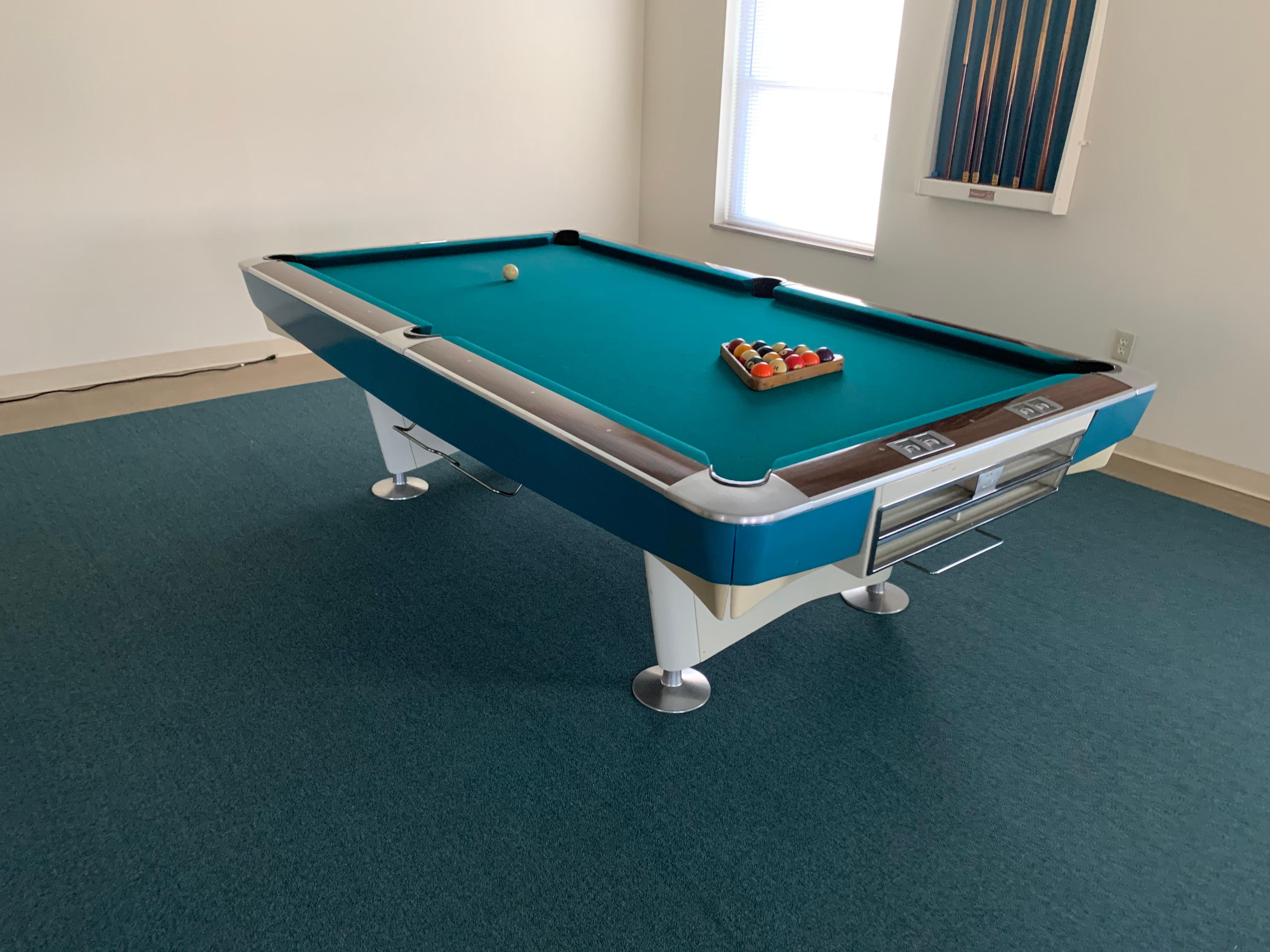 Mid-Century Modern Brunswick Gold Crown I Billiards Pool Table with Blue Aprons 6