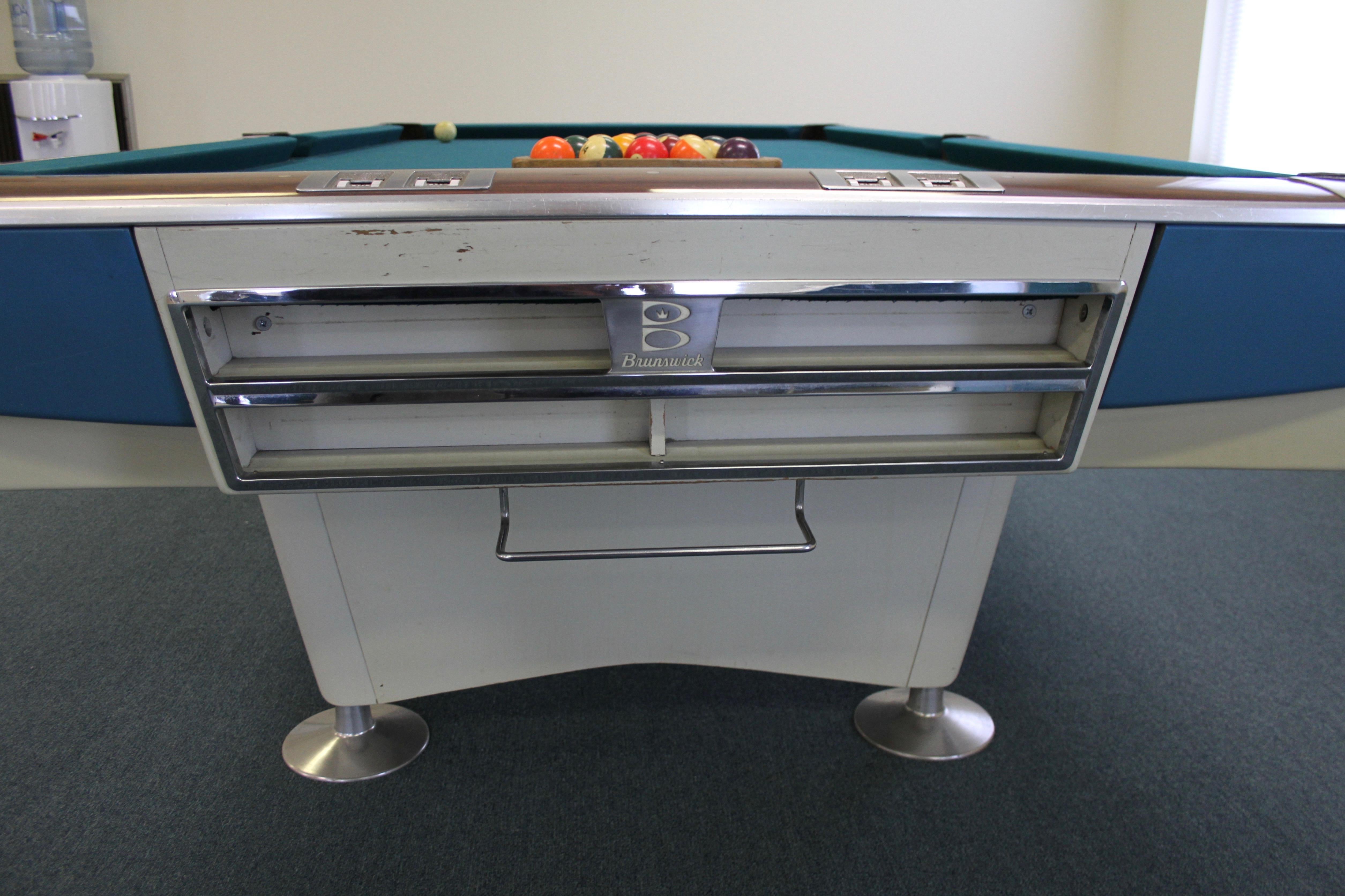 Lacquered Mid-Century Modern Brunswick Gold Crown I Billiards Pool Table with Blue Aprons