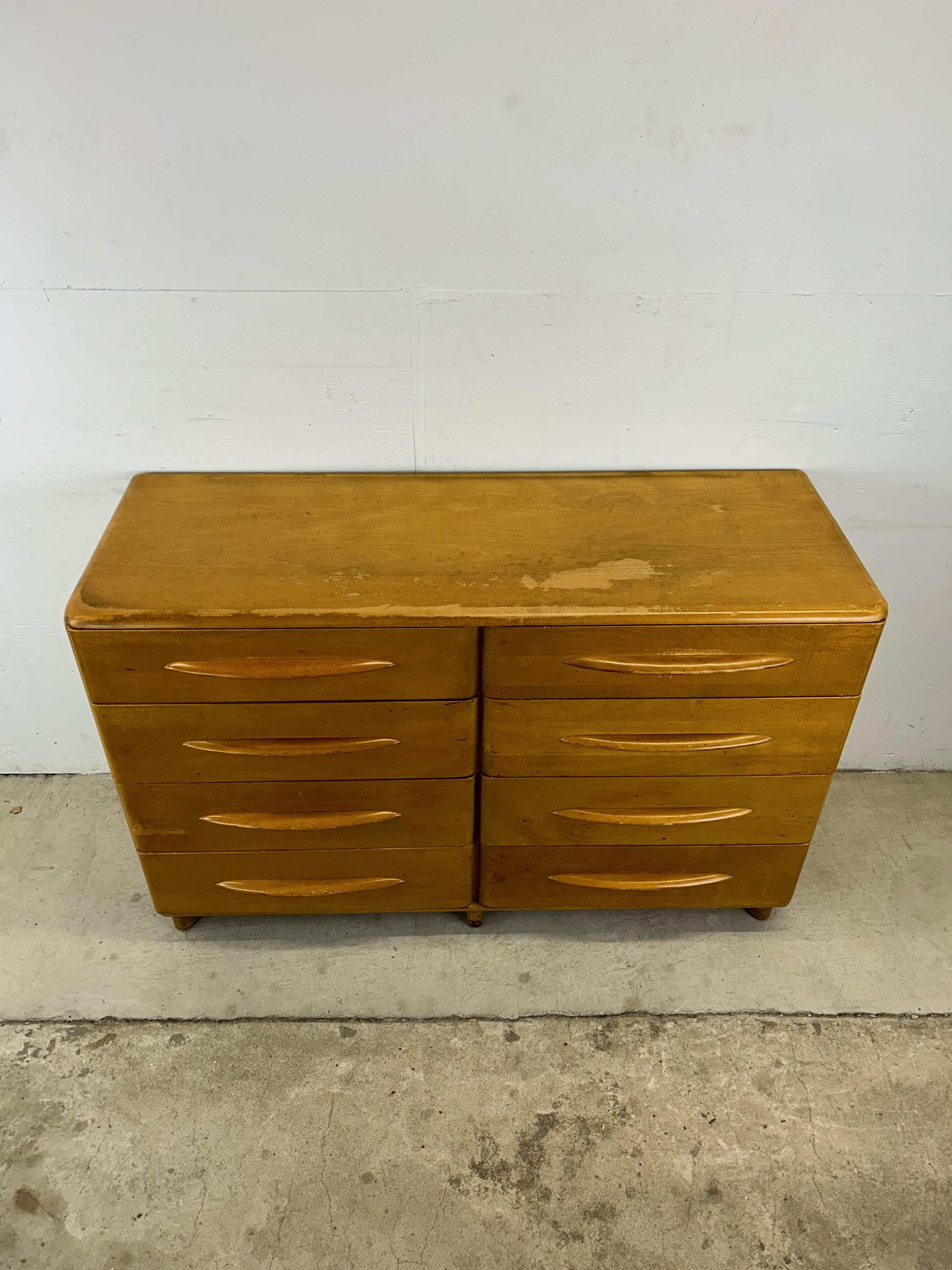 American Mid Century Modern 8 Drawer Lowboy Dresser Styled After Heywood Wakefield For Sale