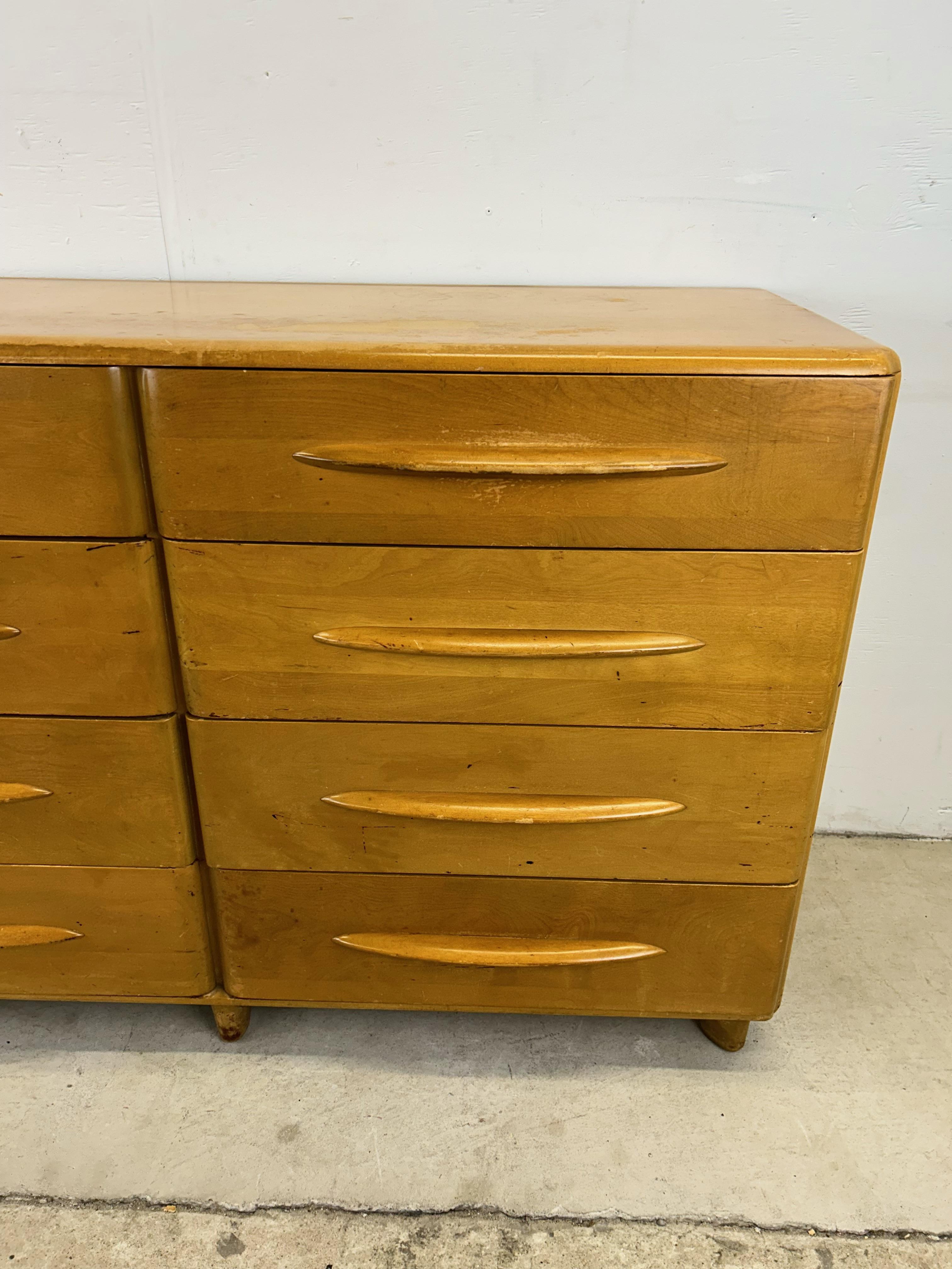20th Century Mid Century Modern 8 Drawer Lowboy Dresser Styled After Heywood Wakefield For Sale