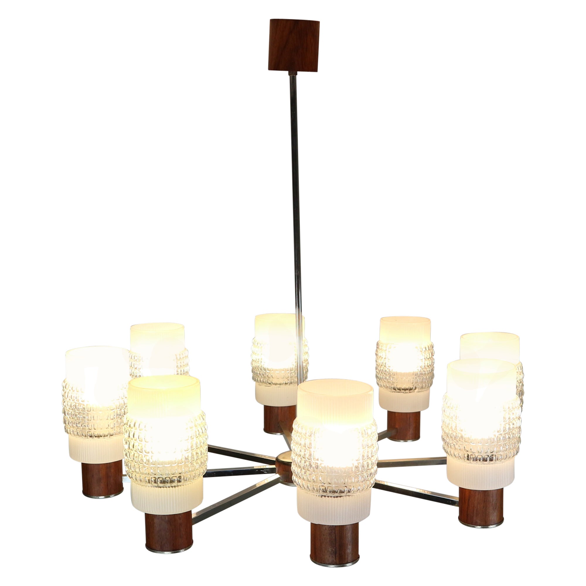Mid-Century Modern 8 Light Chandelier W. Art Glass Shades