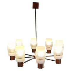 Mid-Century Modern 8 Light Chandelier W. Art Glass Shades