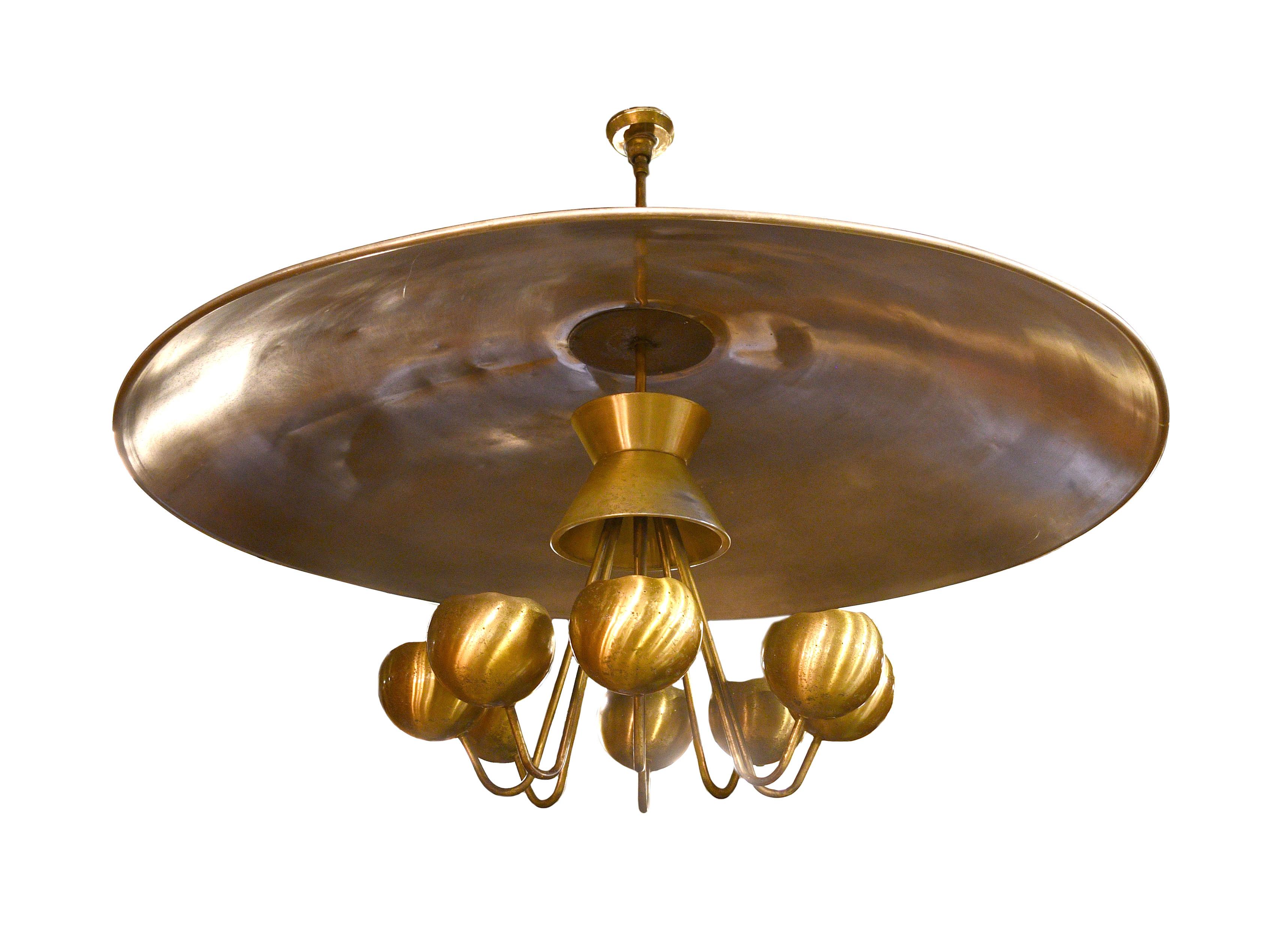 Mid-Century Modern 8-Light Chandelier with Massive Reflector Bowl In Fair Condition In Minneapolis, MN