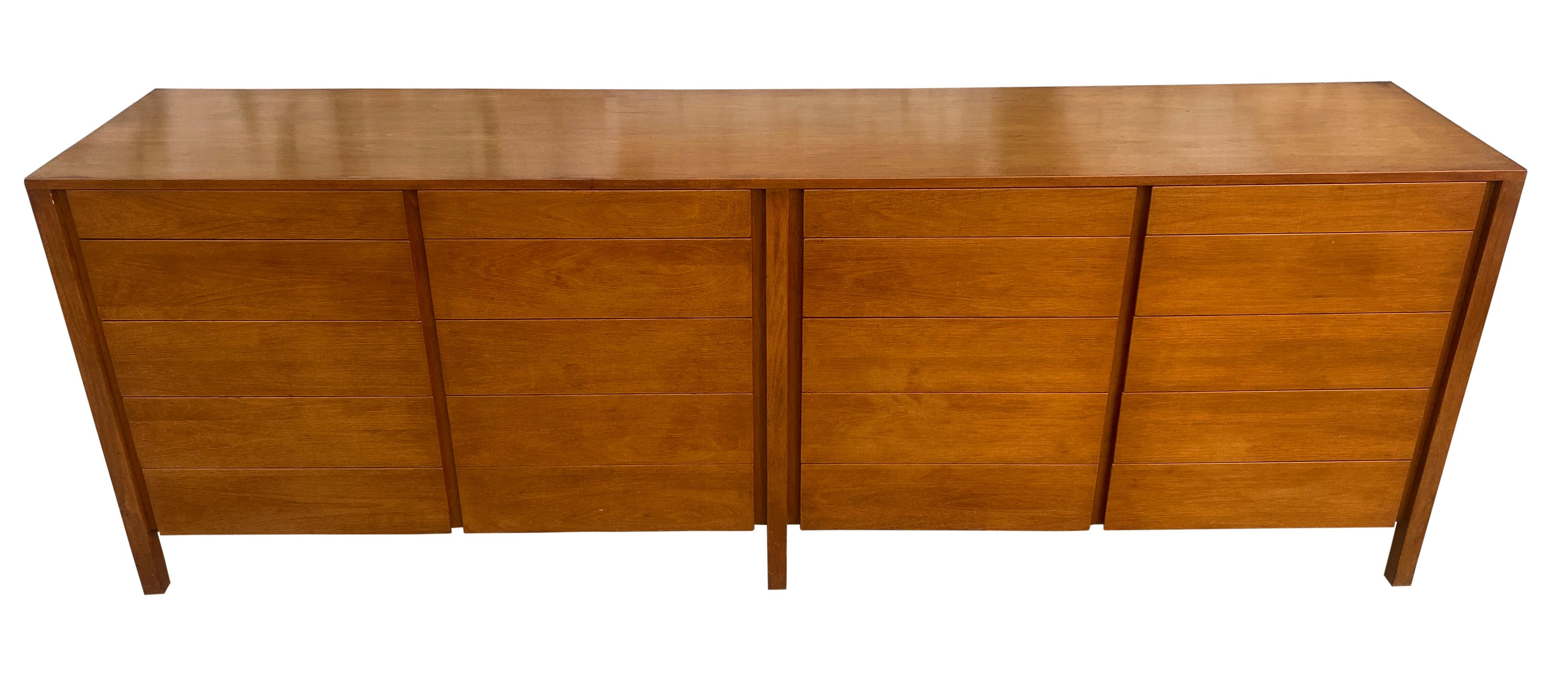 Mid-Century Modern 8' long credenza dresser or sideboard with 20 drawers custom made Danish style. Good vintage condition all drawers slide very smooth. Each drawer has different dividers that are removable. Clean inside and out. All solid wood