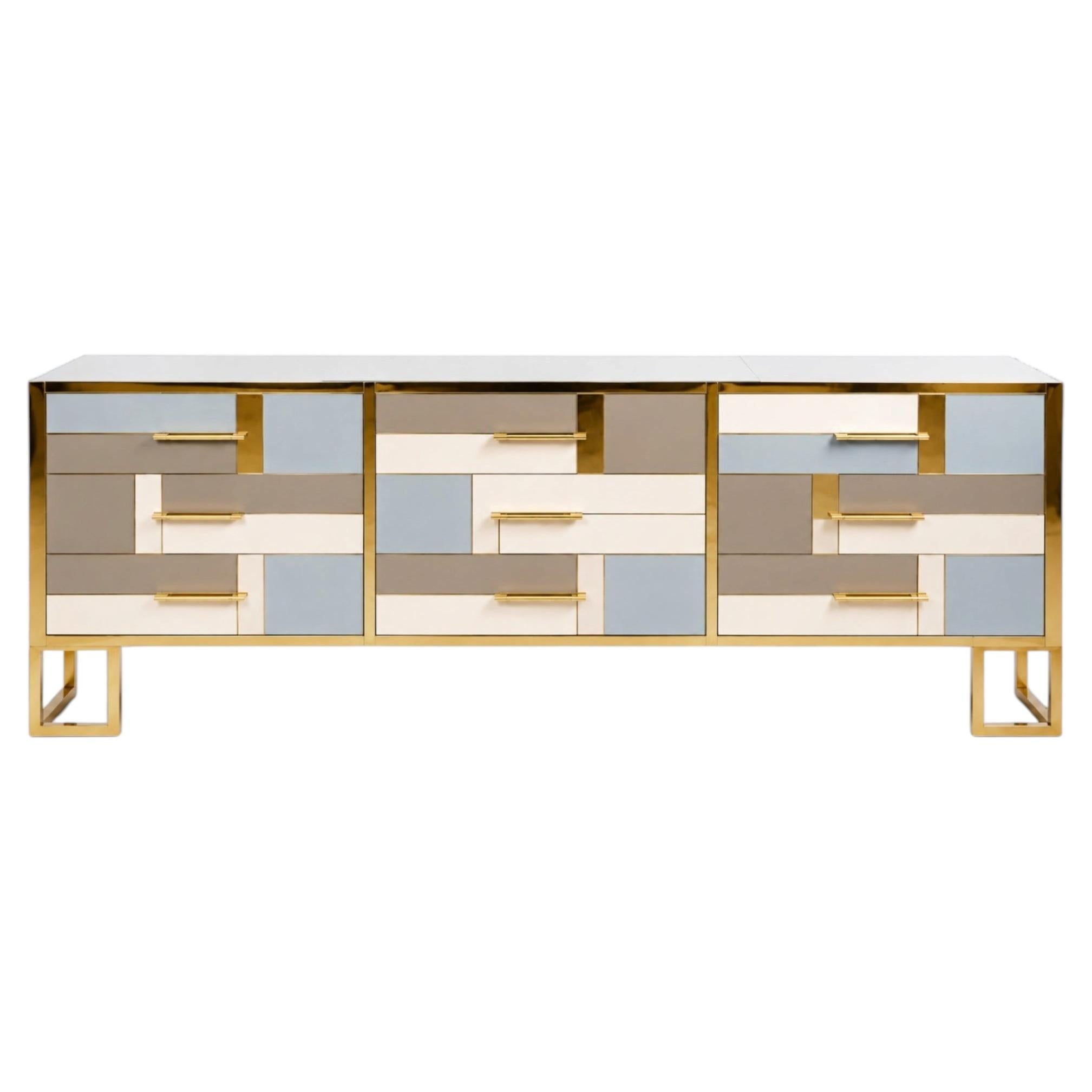 Mid-Century Modern 9-Drawer Italian Sideboard with Glass & Brass