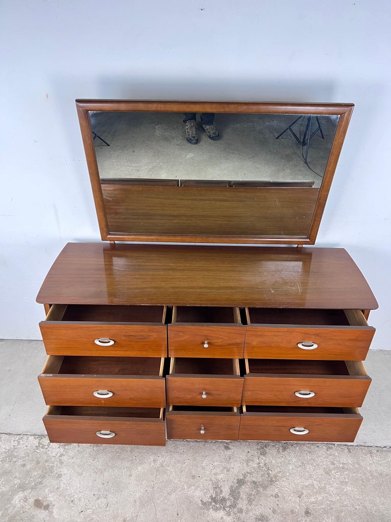 Mid Century Modern 9 Drawer Lowboy Dresser with Mirror For Sale at 1stDibs