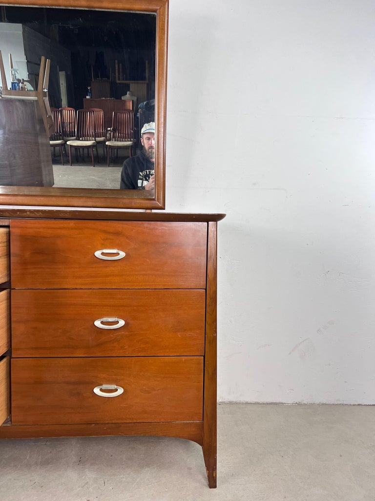 Mid Century Modern 9 Drawer Lowboy Dresser with Mirror For Sale at 1stDibs